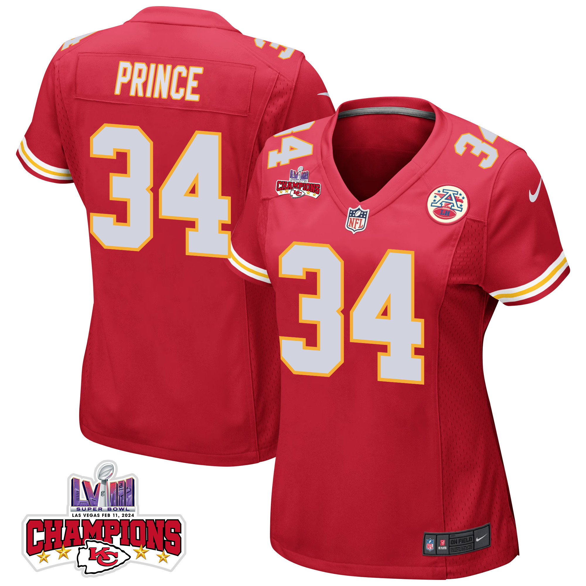 Deneric Prince #34 Kansas City Chiefs Super Bowl LVIII Champions 4 Stars Patch Game Jersey - Women's | Red