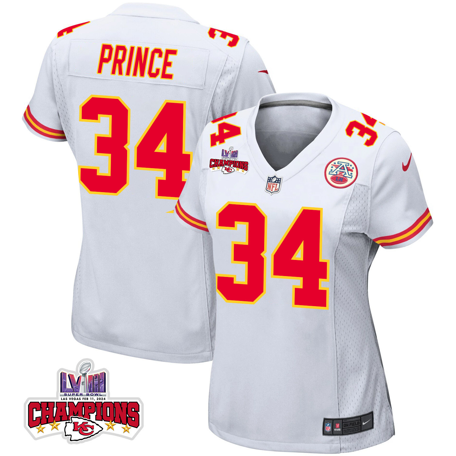 Deneric Prince #34 Kansas City Chiefs Super Bowl LVIII Champions 4 Stars Patch Game Jersey - Women's | White