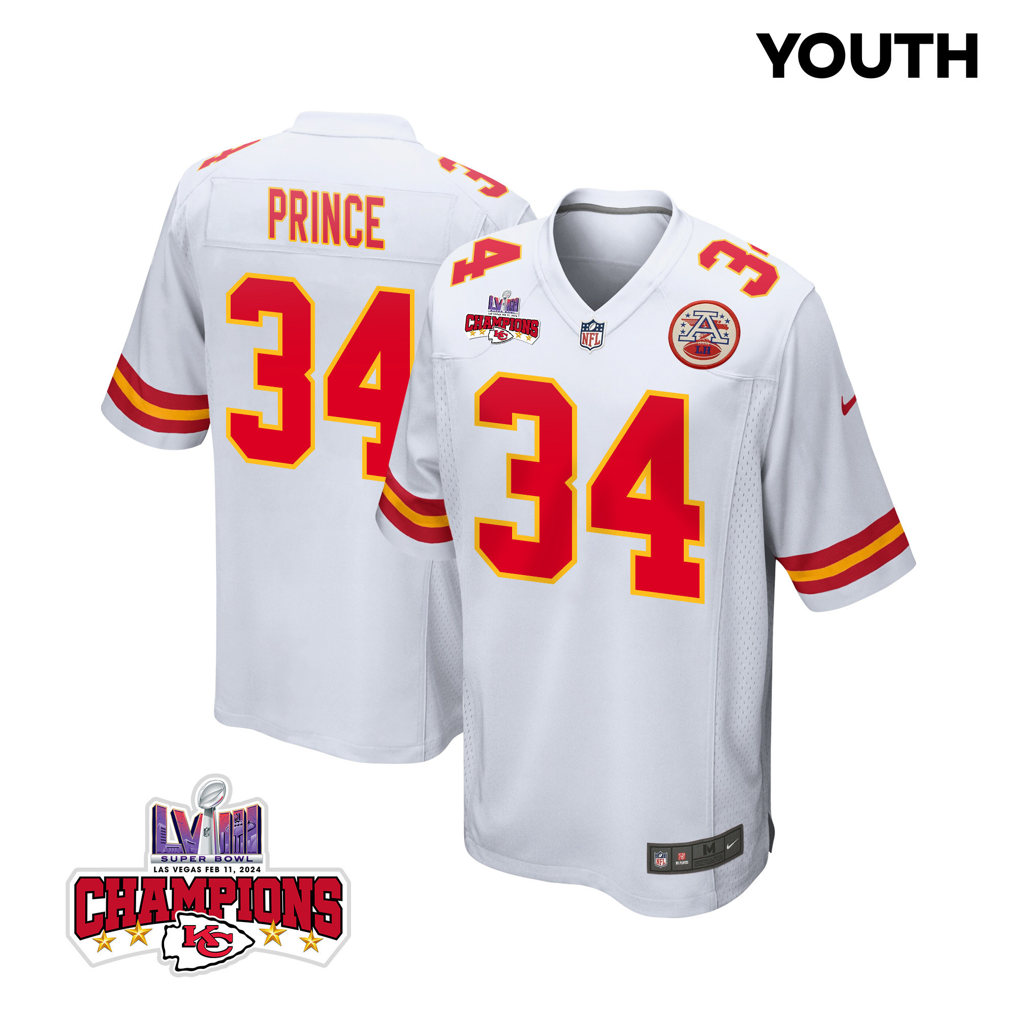 Deneric Prince #34 Kansas City Chiefs Super Bowl LVIII Champions 4 Stars Patch Game Jersey - Youth | White