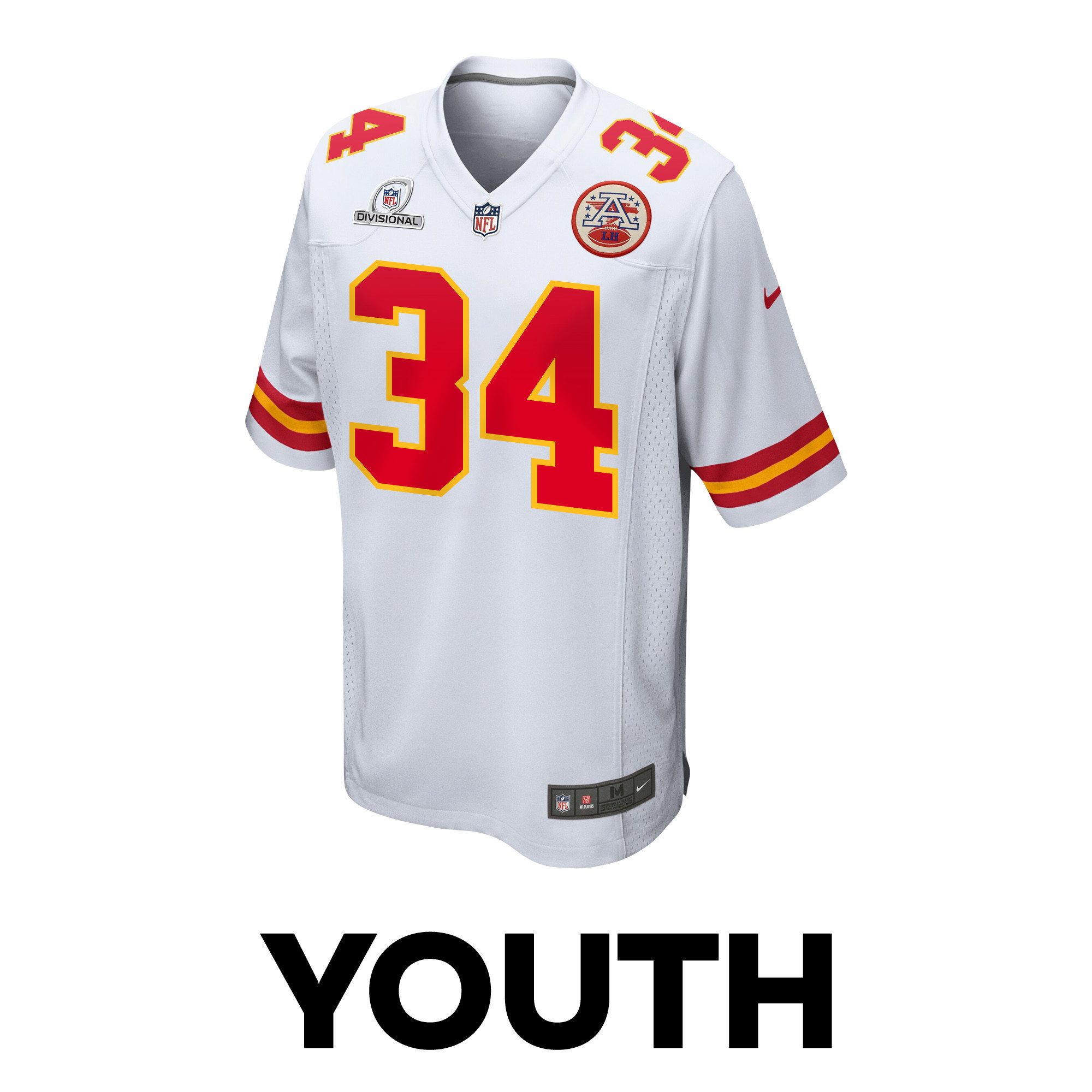 Alternative view of Deneric Prince #34 Kansas City Chiefs Super Bowl LVIII Patch Game Jersey - Youth | White