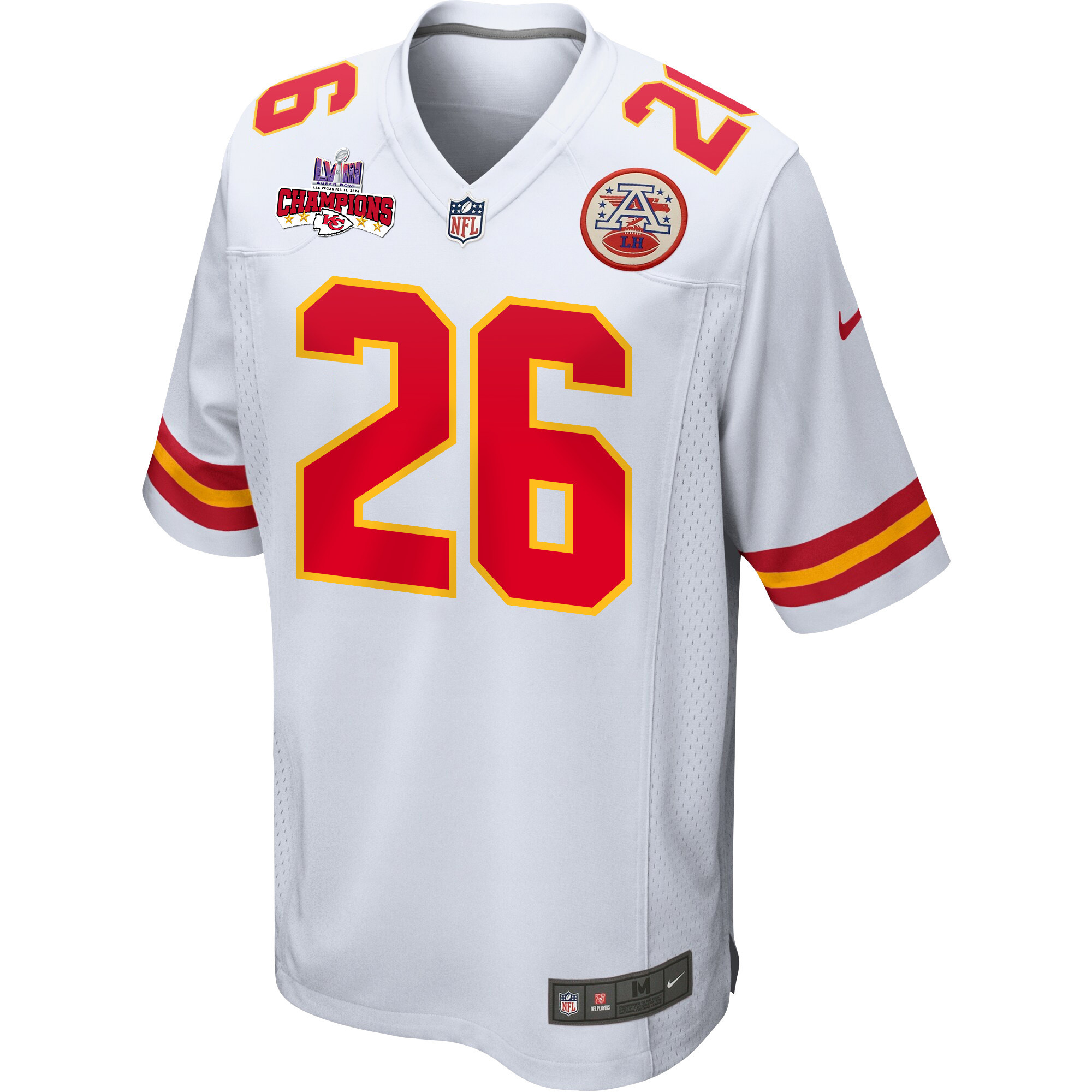 Alternative view of Deon Bush #26 Kansas City Chiefs Super Bowl LVIII Champions 4 Stars Patch Game Jersey - Men's | White