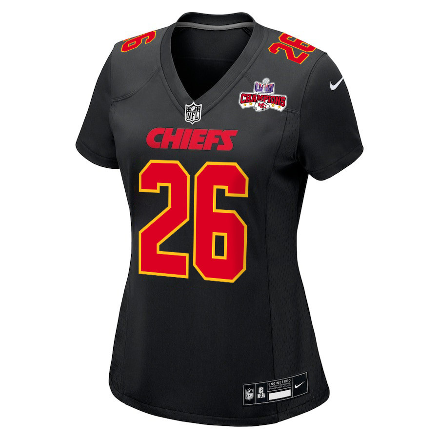 Alternative view of Deon Bush #26 Kansas City Chiefs Super Bowl LVIII Champions 4 Stars Patch Game Jersey - Women's | Carbon Black