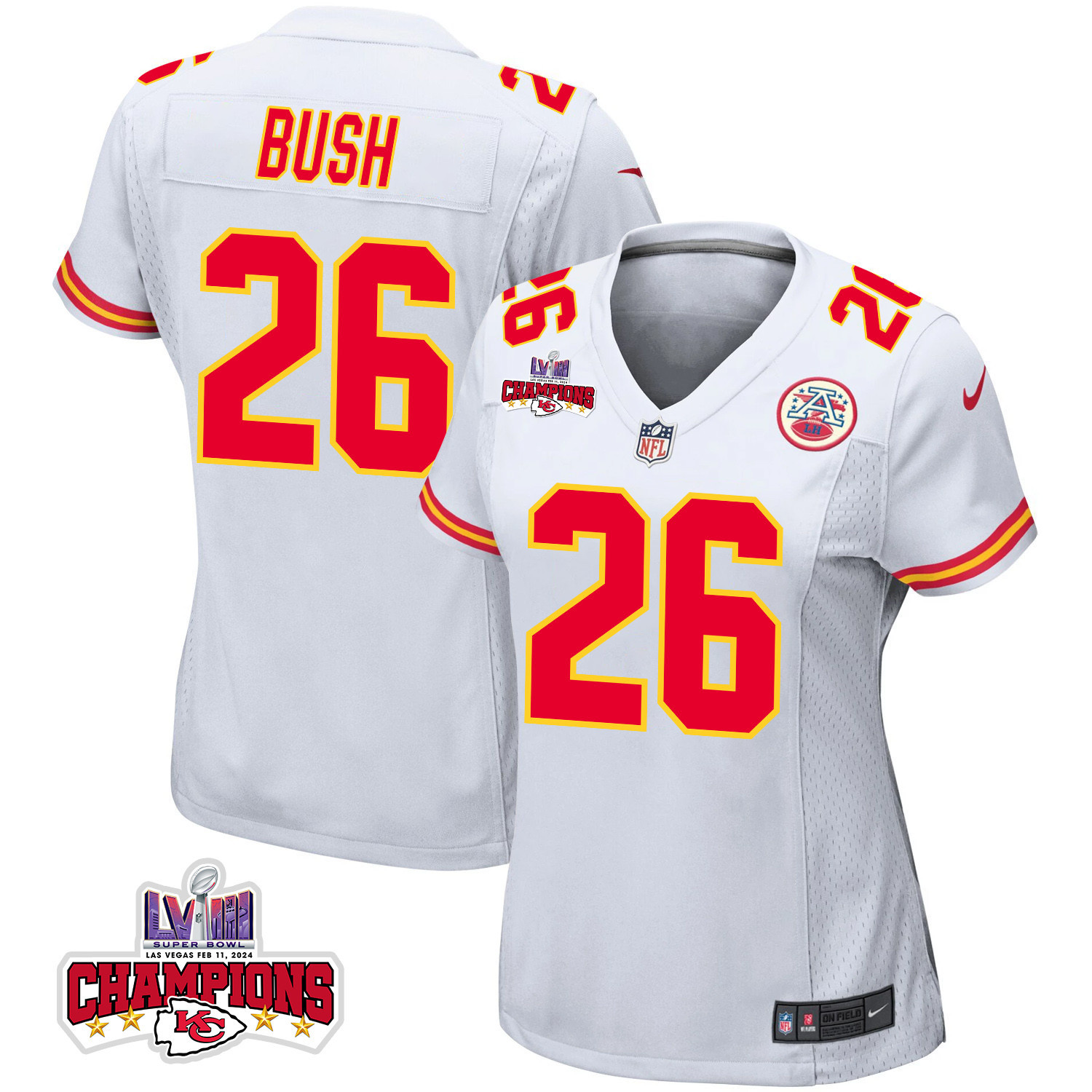 Deon Bush #26 Kansas City Chiefs Super Bowl LVIII Champions 4 Stars Patch Game Jersey - Women's | White