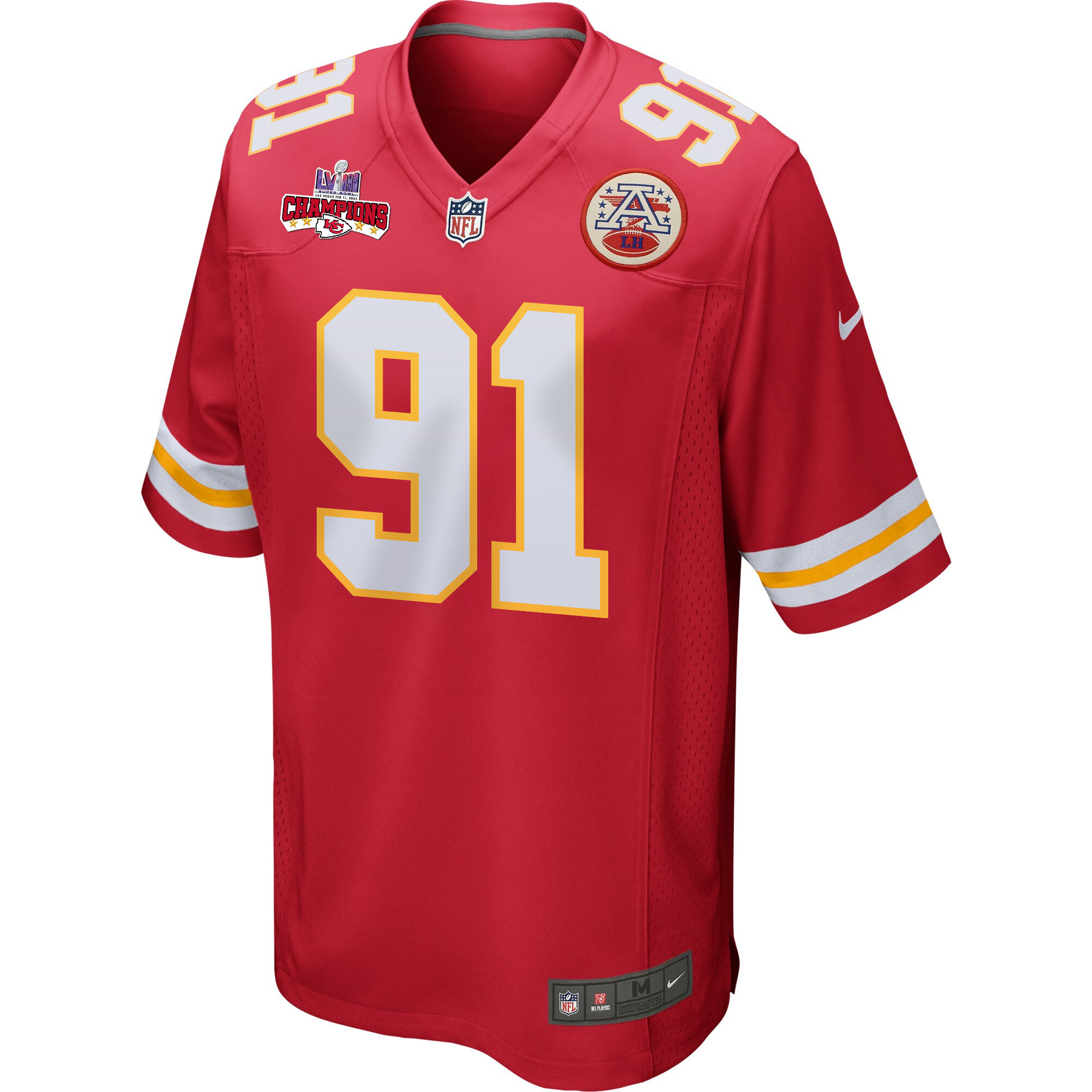 Alternative view of Derrick Nnadi #91 Kansas City Chiefs Super Bowl LVIII Champions 4 Stars Patch Game Jersey - Men's | Red