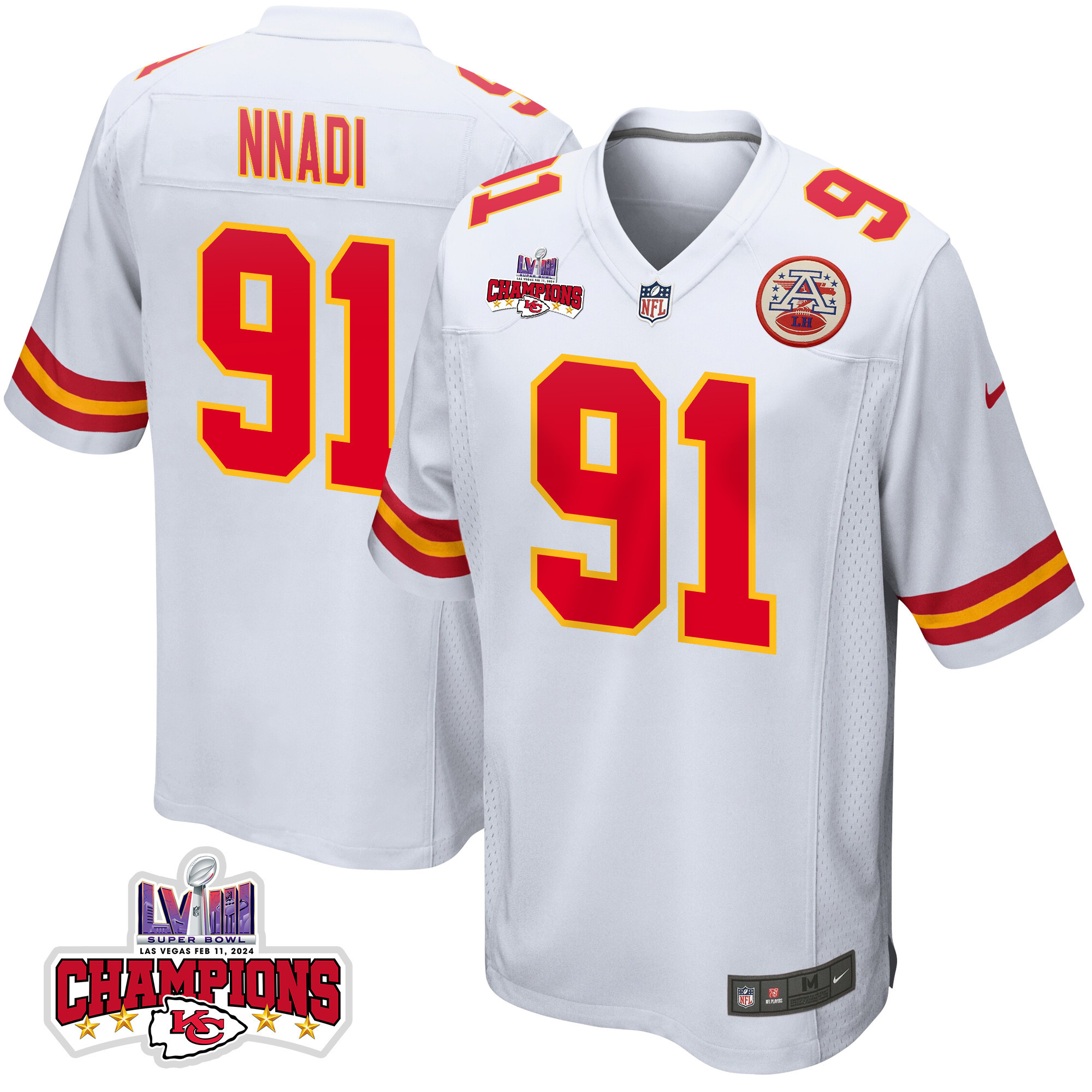 Derrick Nnadi #91 Kansas City Chiefs Super Bowl LVIII Champions 4 Stars Patch Game Jersey - Men's | White