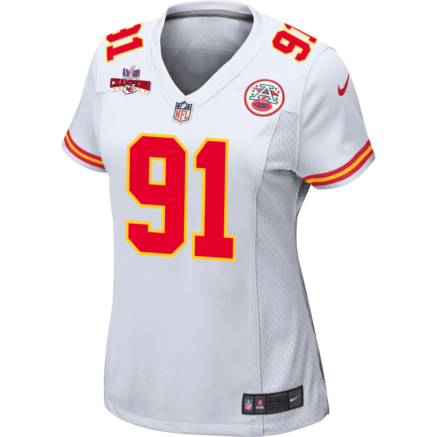 Alternative view of Derrick Nnadi #91 Kansas City Chiefs Super Bowl LVIII Champions 4 Stars Patch Game Jersey - Women's | White