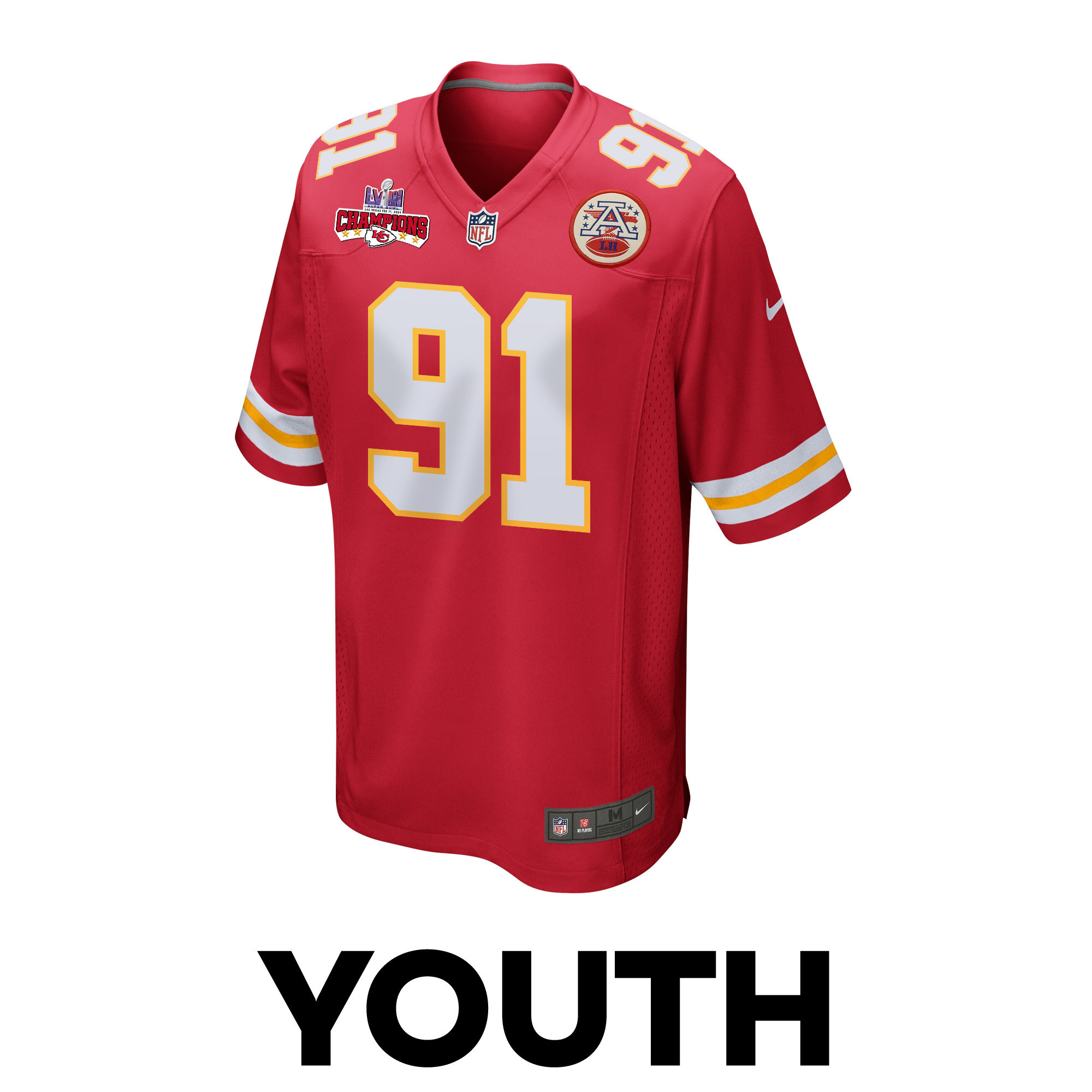 Alternative view of Derrick Nnadi #91 Kansas City Chiefs Super Bowl LVIII Champions 4 Stars Patch Game Jersey - Youth | Red