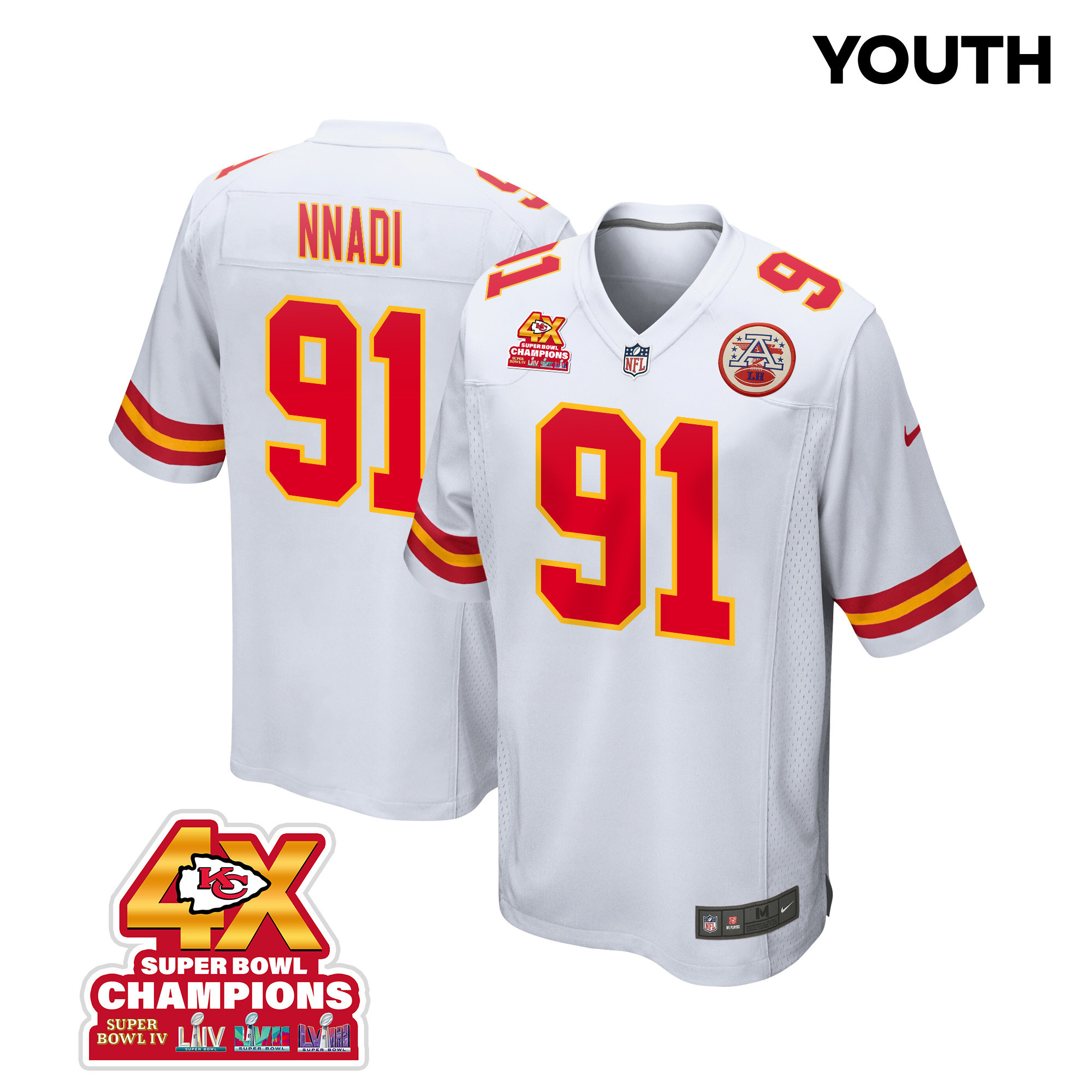 Derrick Nnadi #91 Kansas City Chiefs Super Bowl LVIII Champions 4X Game Jersey - Youth | White