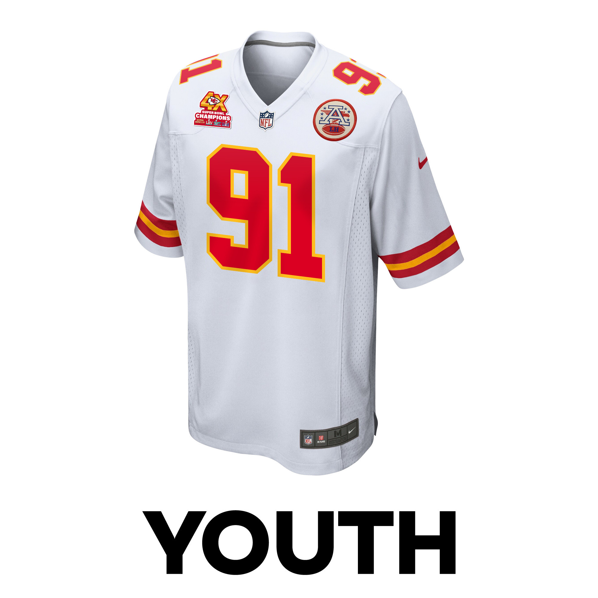 Alternative view of Derrick Nnadi #91 Kansas City Chiefs Super Bowl LVIII Champions 4X Game Jersey - Youth | White