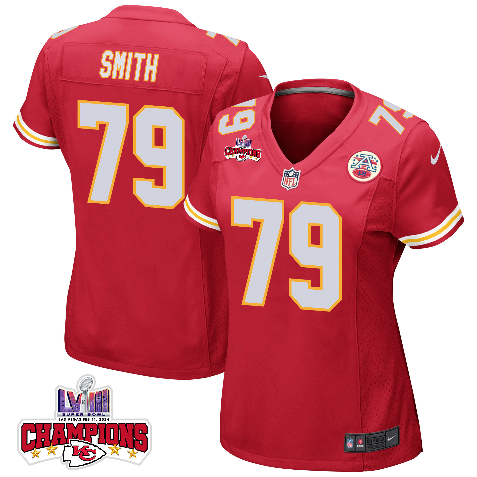 Donovan Smith #79 Kansas City Chiefs Super Bowl LVIII Champions 4 Stars Patch Game Jersey - Women's | Red
