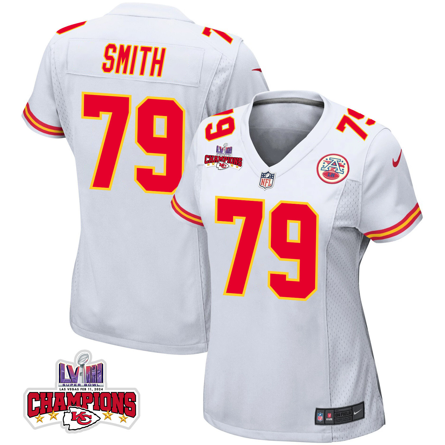 Donovan Smith #79 Kansas City Chiefs Super Bowl LVIII Champions 4 Stars Patch Game Jersey - Women's | White