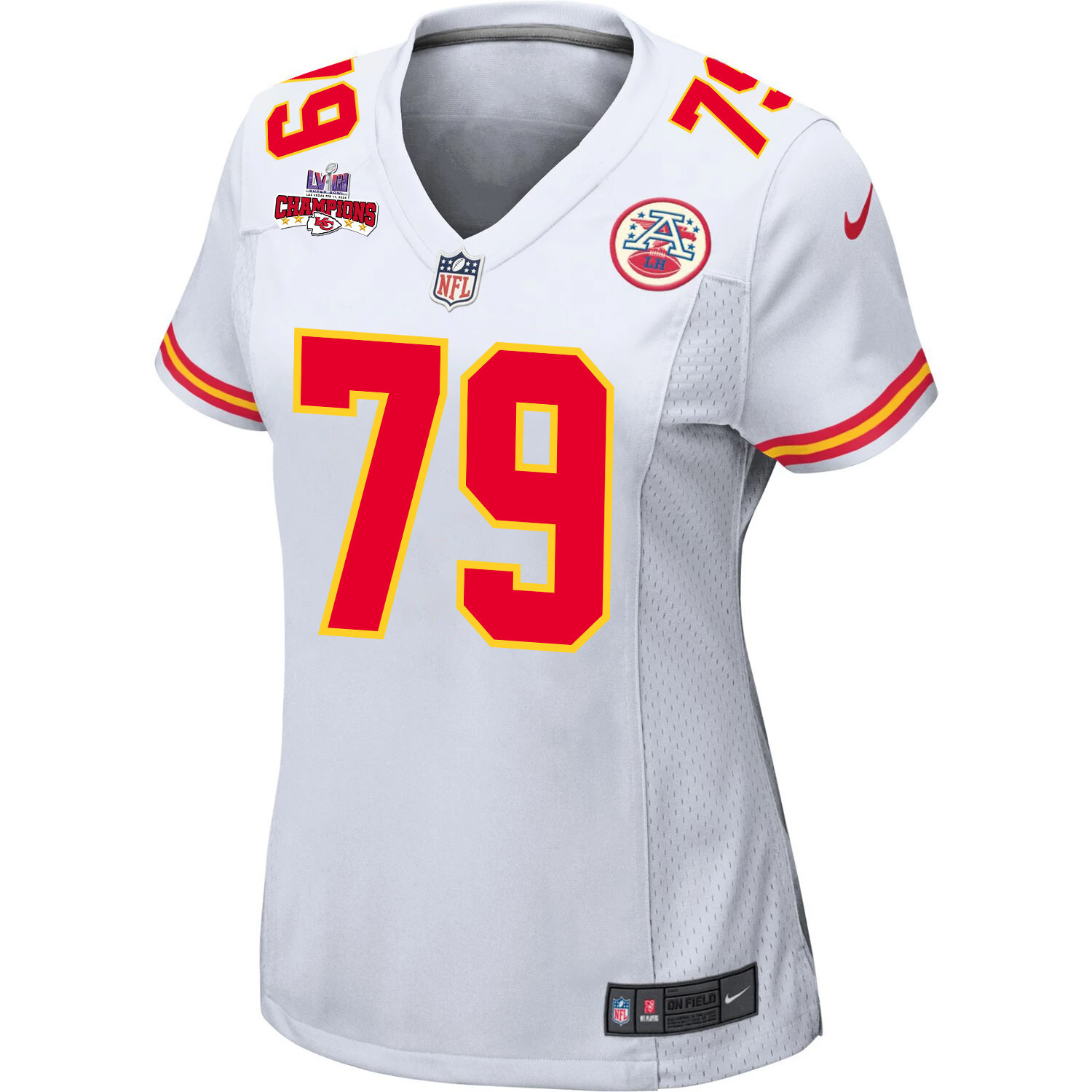 Alternative view of Donovan Smith #79 Kansas City Chiefs Super Bowl LVIII Champions 4 Stars Patch Game Jersey - Women's | White
