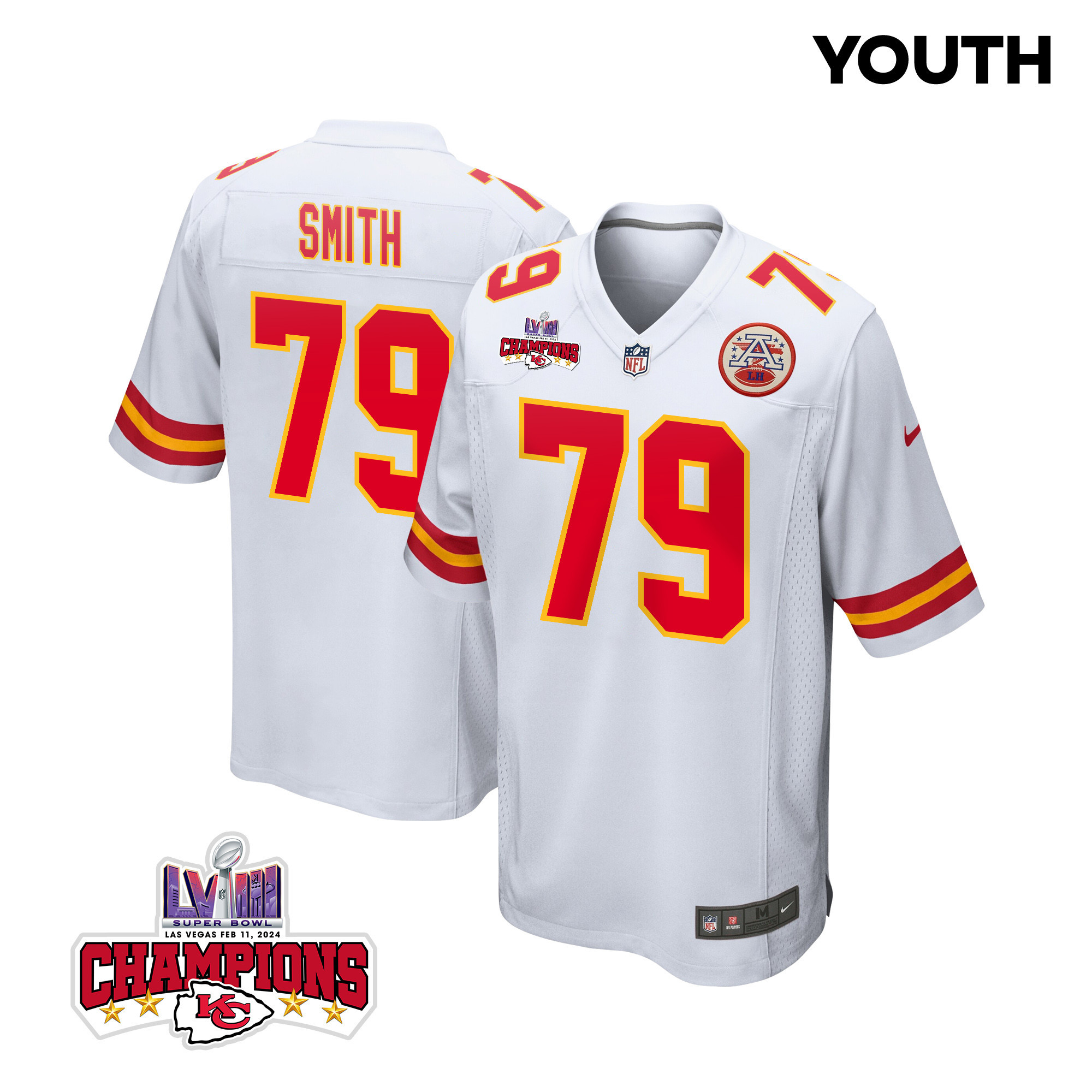 Donovan Smith #79 Kansas City Chiefs Super Bowl LVIII Champions 4 Stars Patch Game Jersey - Youth | White