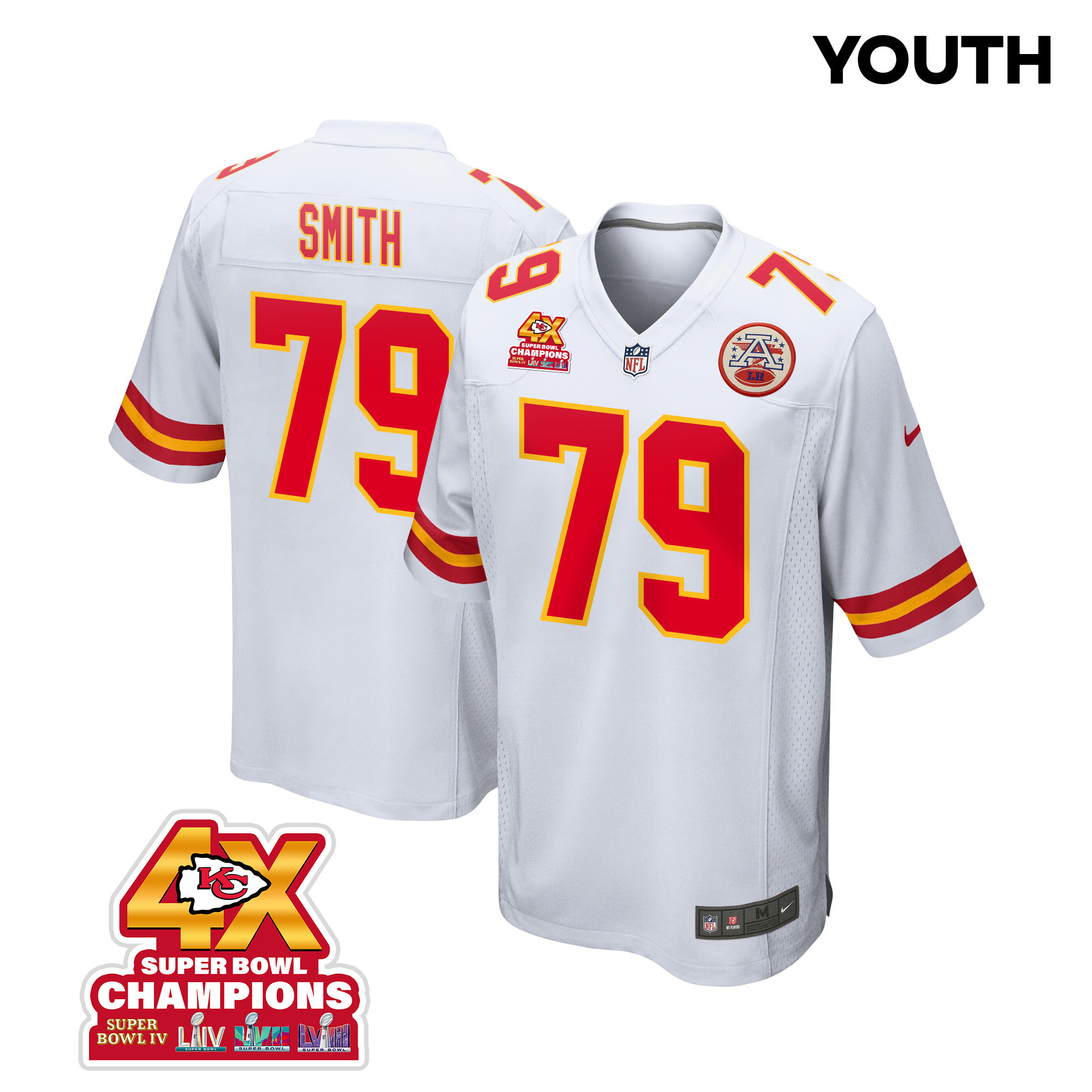 Donovan Smith #79 Kansas City Chiefs Super Bowl LVIII Champions 4X Game Jersey - Youth | White