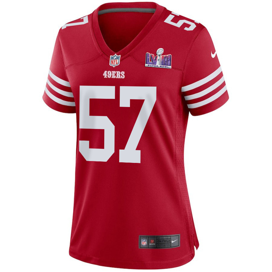 Alternative view of Dre Greenlaw #57 San Francisco 49ers Super Bowl LVIII Patch Game Jersey - Women's | Scarlet
