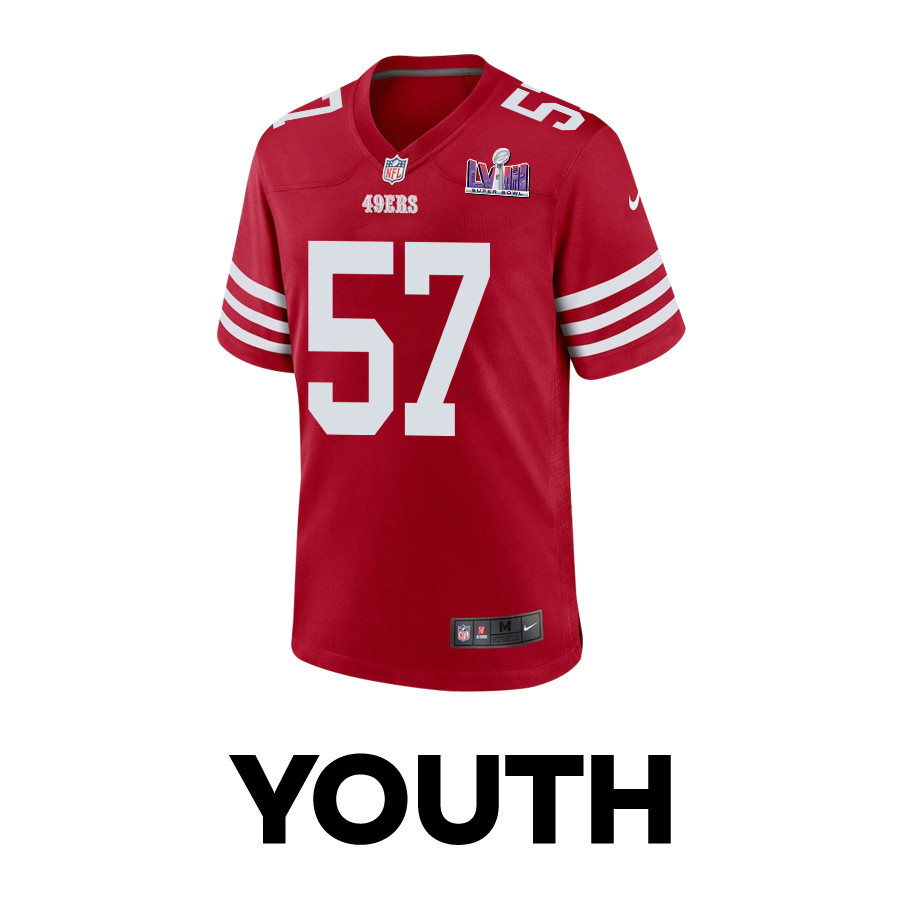 Alternative view of Dre Greenlaw #57 San Francisco 49ers Super Bowl LVIII Patch Game Jersey - Youth | Scarlet