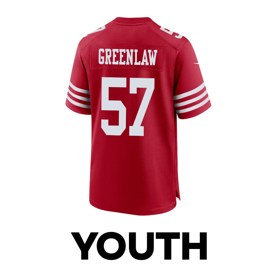 Dre Greenlaw #57 San Francisco 49ers Super Bowl LVIII Patch Game Jersey - Youth | Scarlet - Image 3