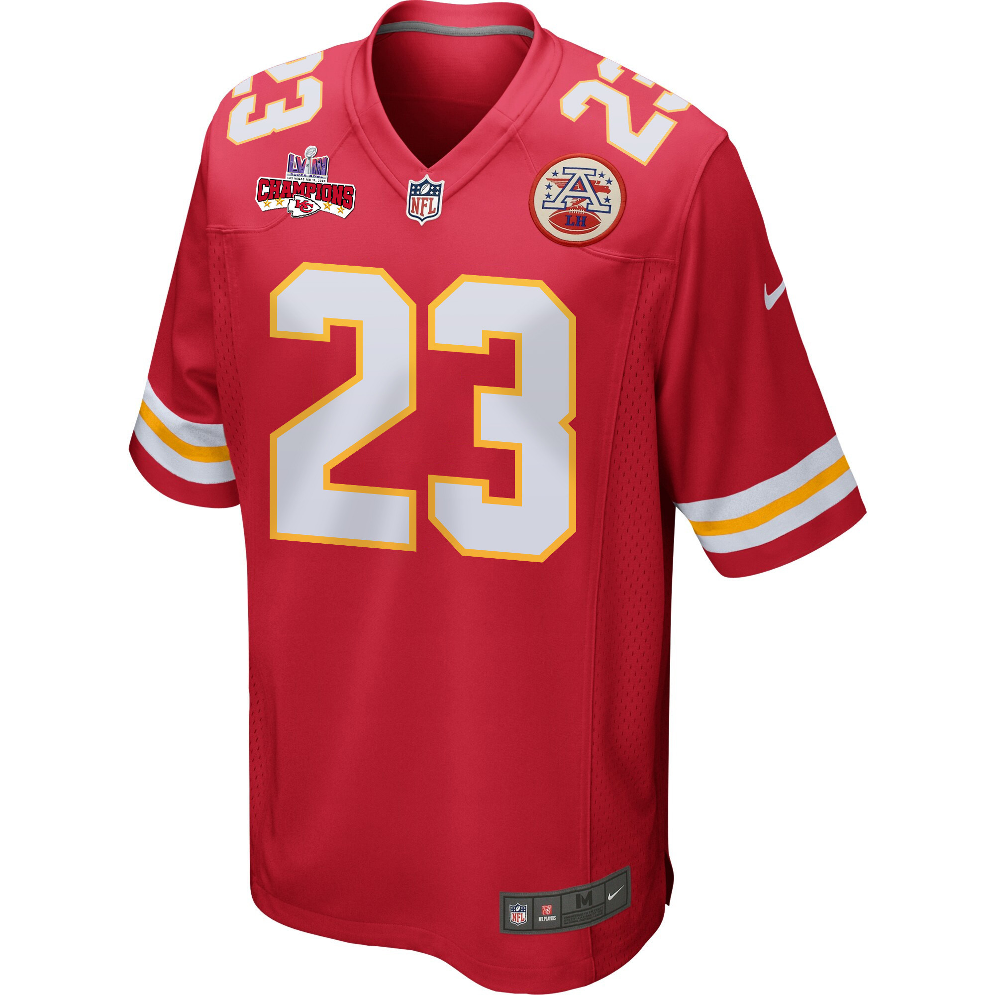 Alternative view of Drue Tranquill #23 Kansas City Chiefs Super Bowl LVIII Champions 4 Stars Patch Game Jersey - Men's | Red