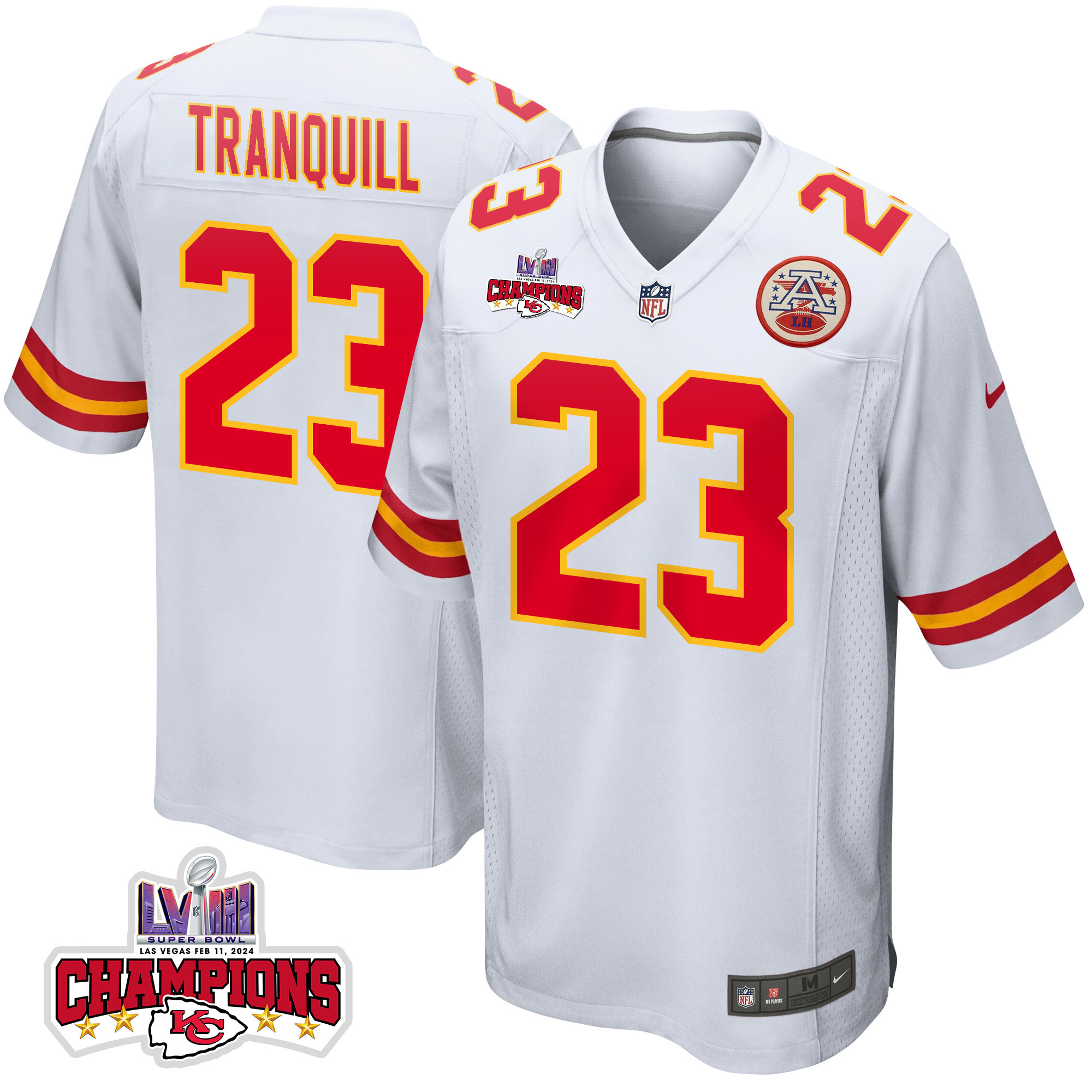 Drue Tranquill #23 Kansas City Chiefs Super Bowl LVIII Champions 4 Stars Patch Game Jersey - Men's | White