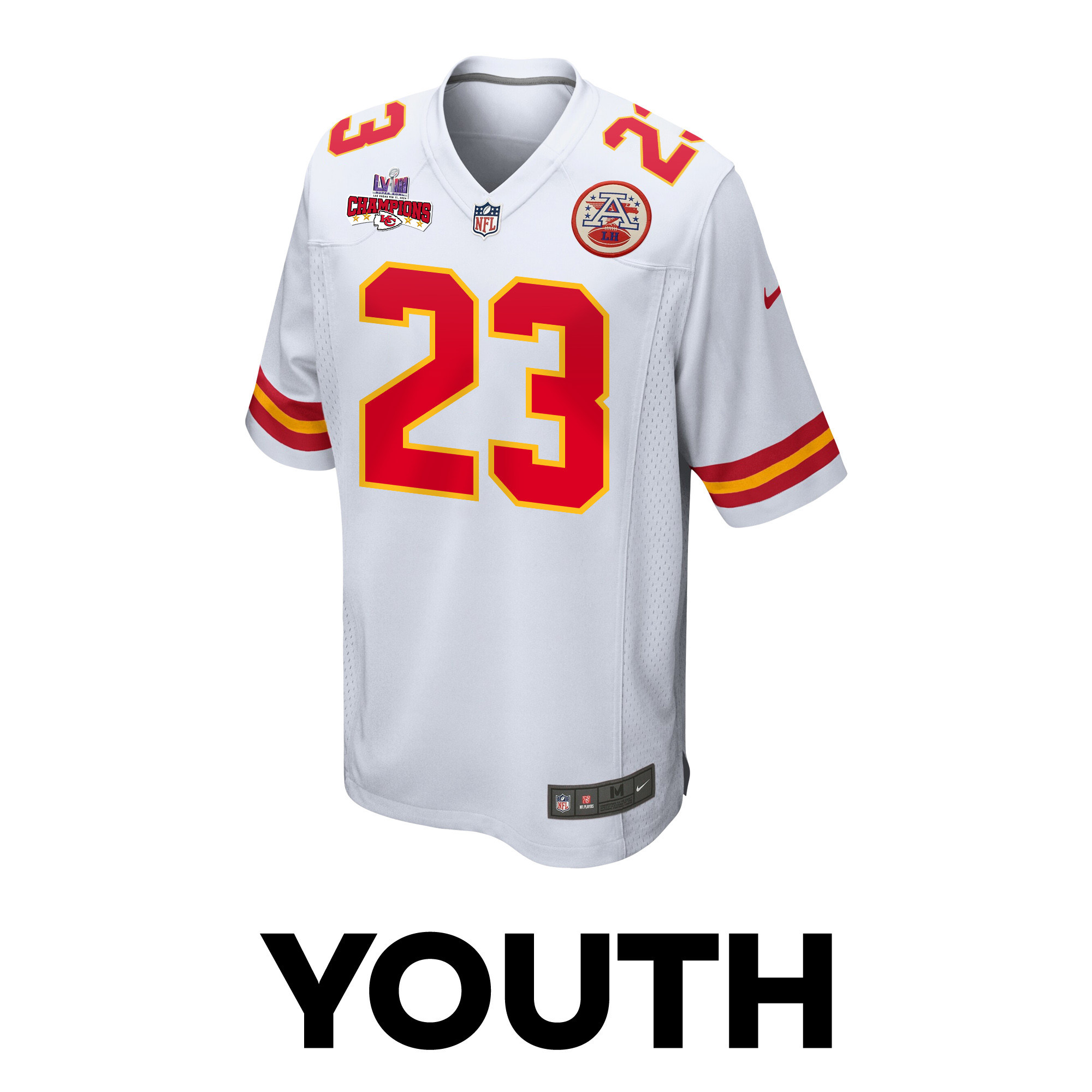 Alternative view of Drue Tranquill #23 Kansas City Chiefs Super Bowl LVIII Champions 4 Stars Patch Game Jersey - Youth | White
