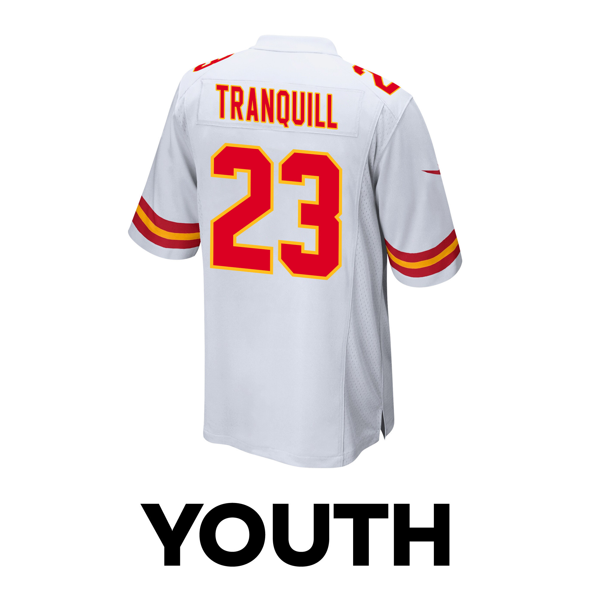 Drue Tranquill #23 Kansas City Chiefs Super Bowl LVIII Champions 4 Stars Patch Game Jersey - Youth | White - Image 3