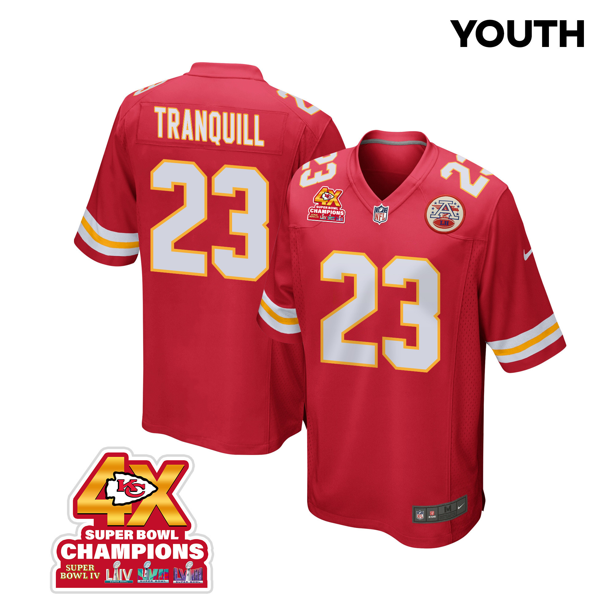Drue Tranquill #23 Kansas City Chiefs Super Bowl LVIII Champions 4X Game Jersey - Youth | Red