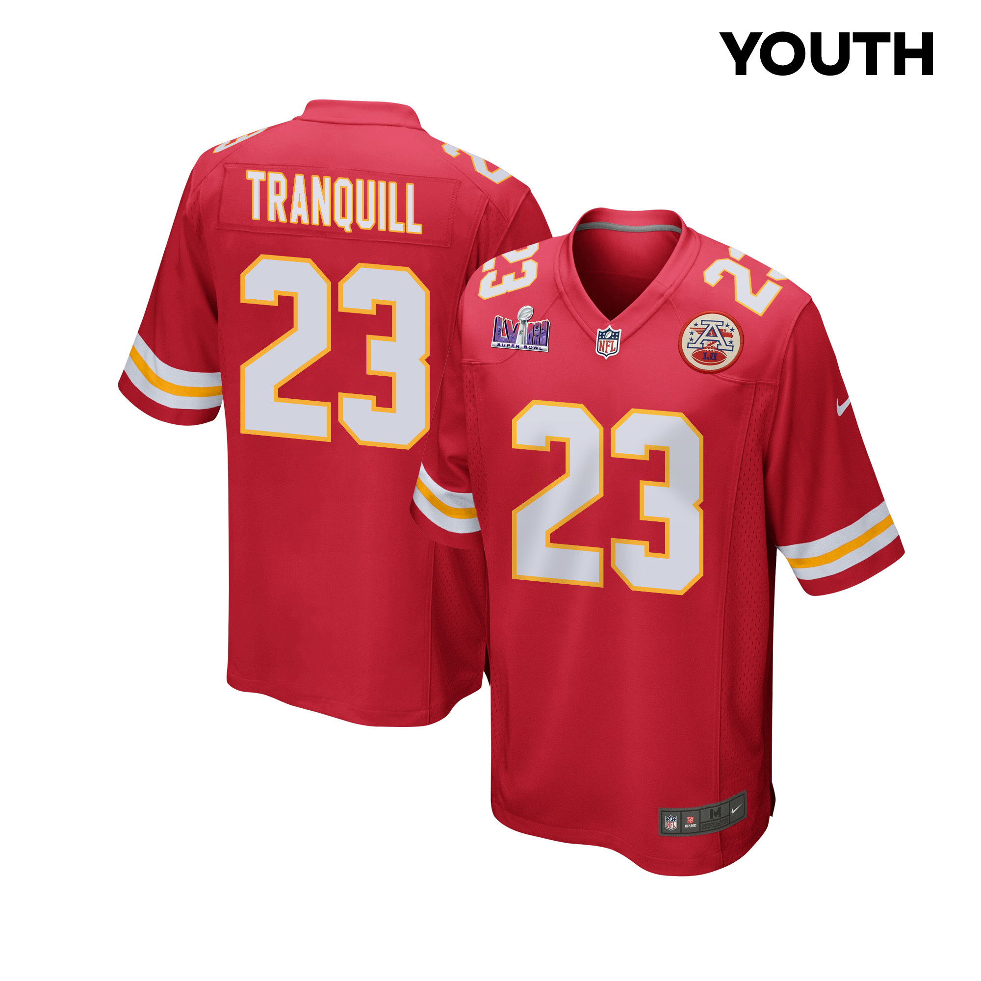 Drue Tranquill #23 Kansas City Chiefs Super Bowl LVIII Patch Game Jersey - Youth | Red