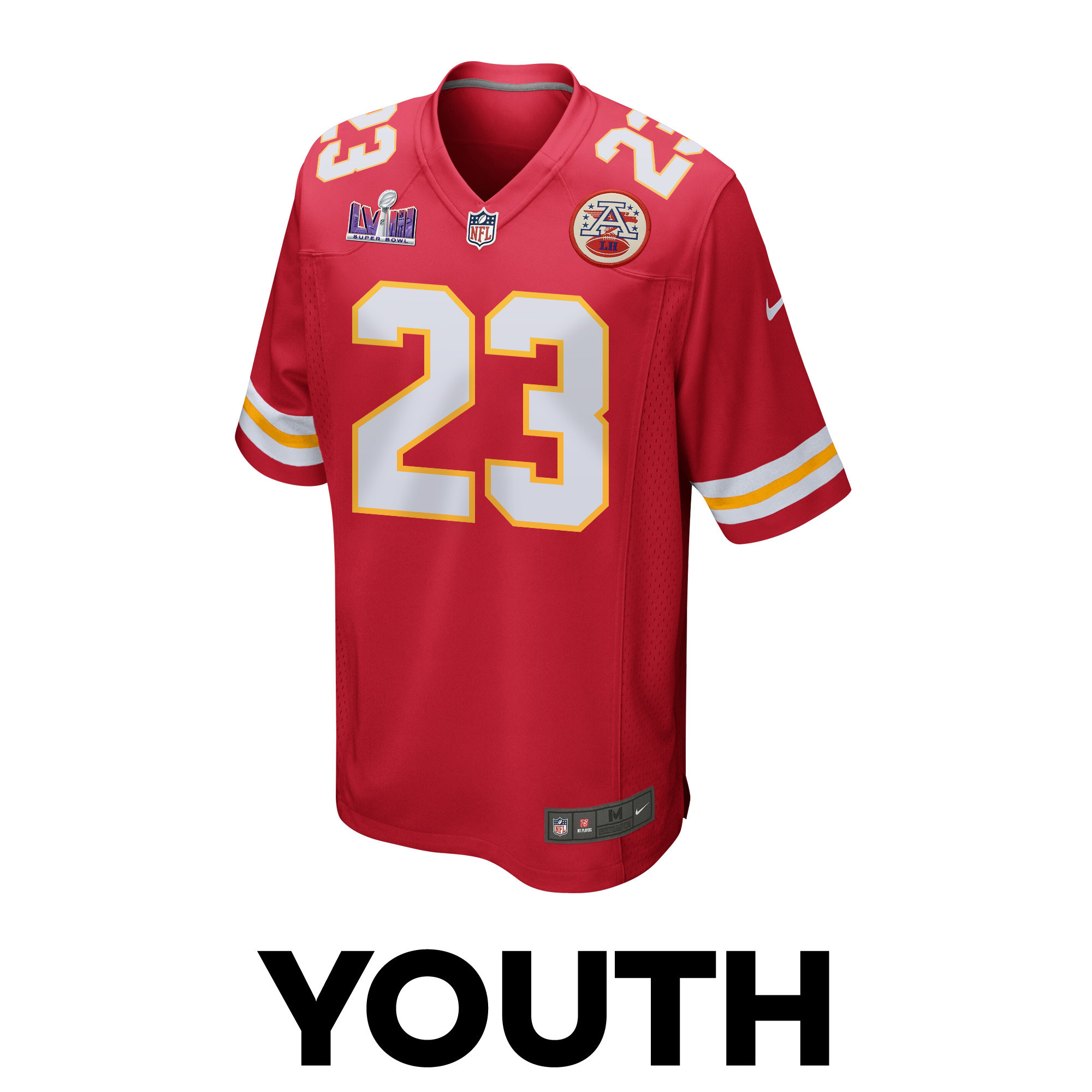 Alternative view of Drue Tranquill #23 Kansas City Chiefs Super Bowl LVIII Patch Game Jersey - Youth | Red