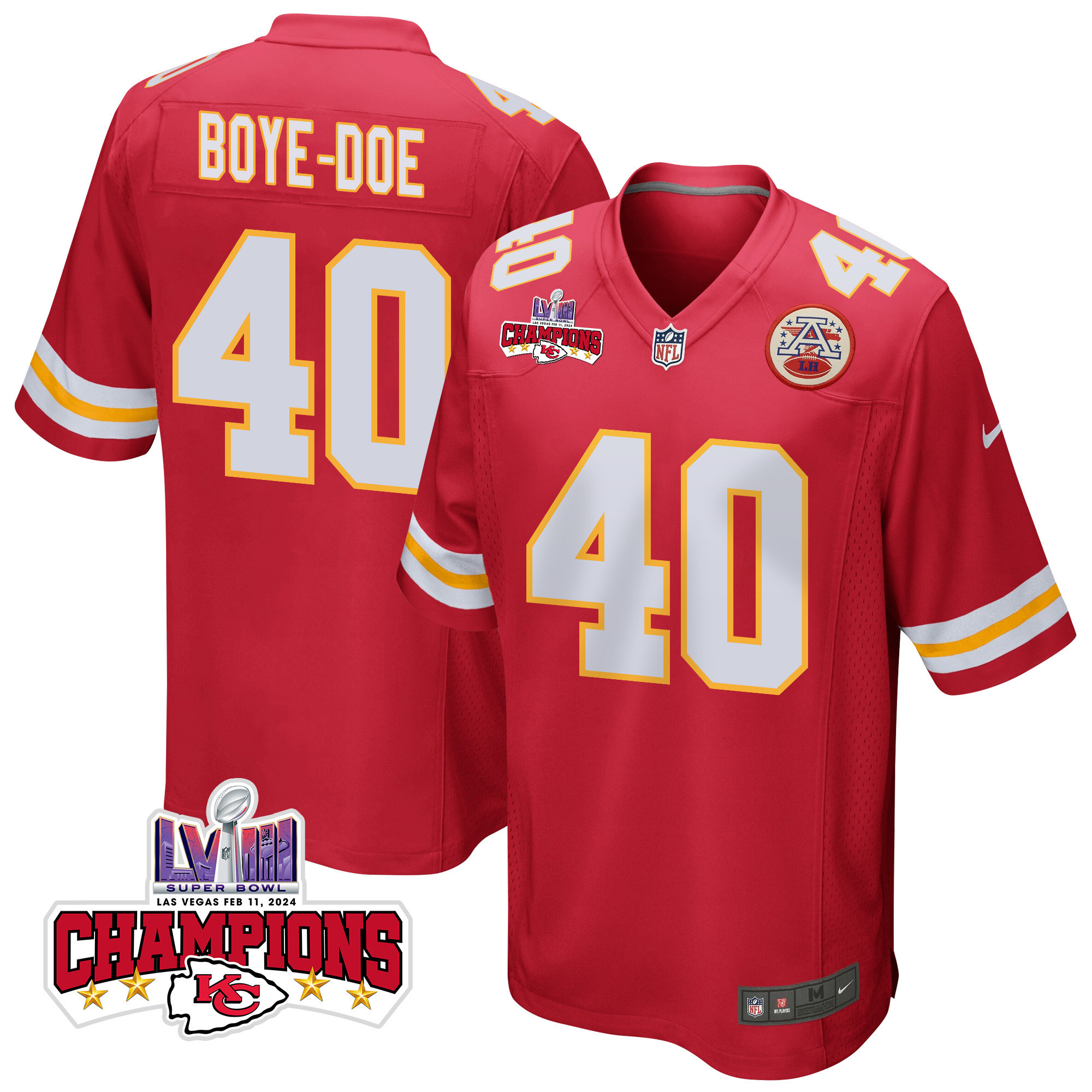 Ekow Boye-Doe #40 Kansas City Chiefs Super Bowl LVIII Champions 4 Stars Patch Game Jersey - Men's | Red