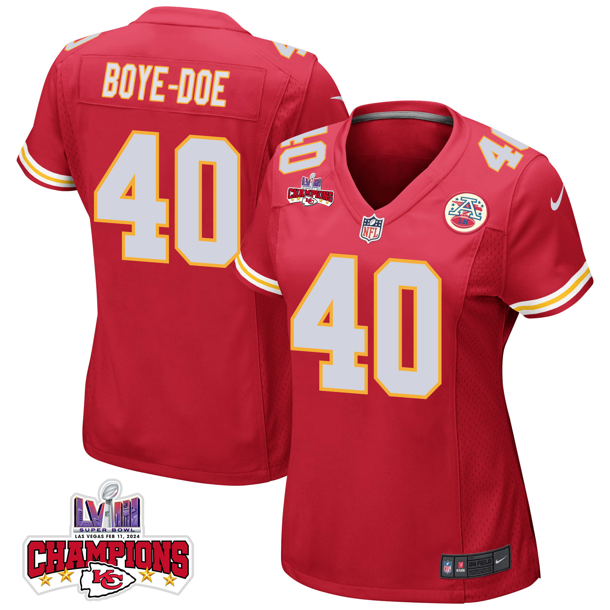 Ekow Boye-Doe #40 Kansas City Chiefs Super Bowl LVIII Champions 4 Stars Patch Game Jersey - Women's | Red