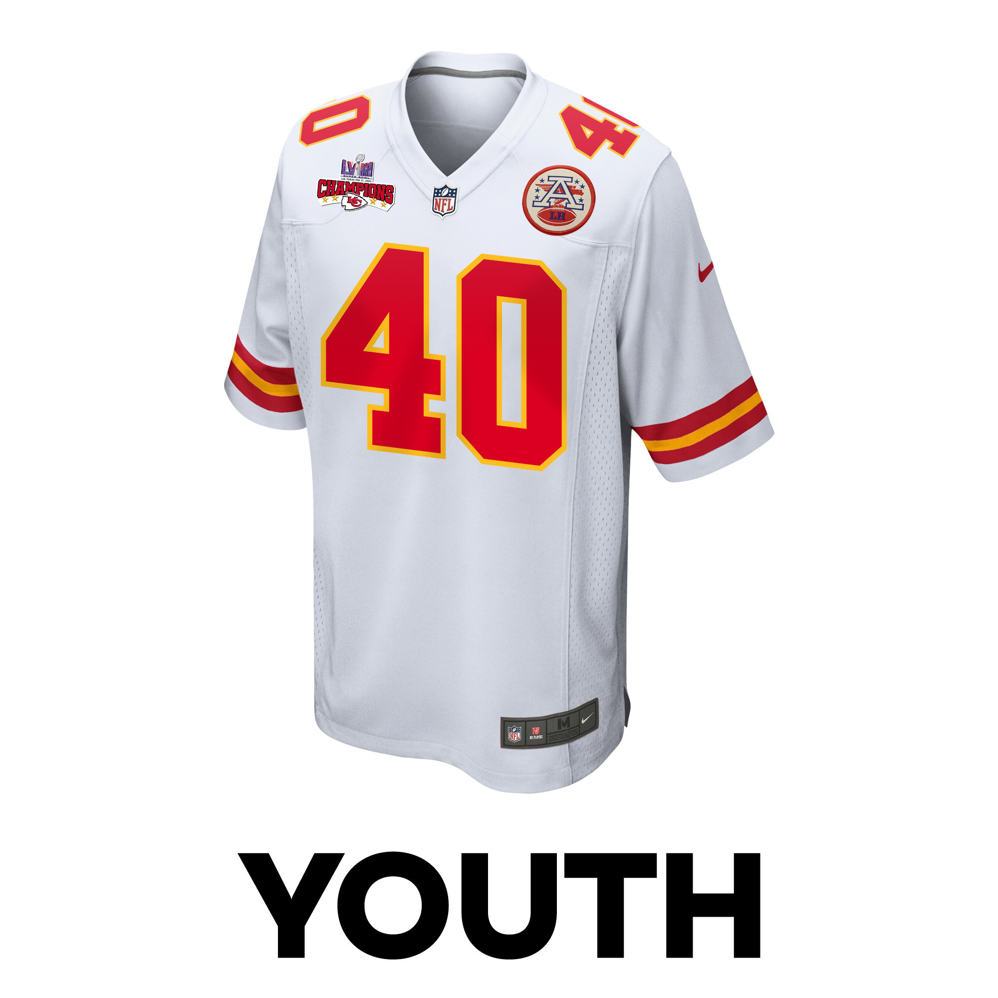 Alternative view of Ekow Boye-Doe #40 Kansas City Chiefs Super Bowl LVIII Champions 4 Stars Patch Game Jersey - Youth | White