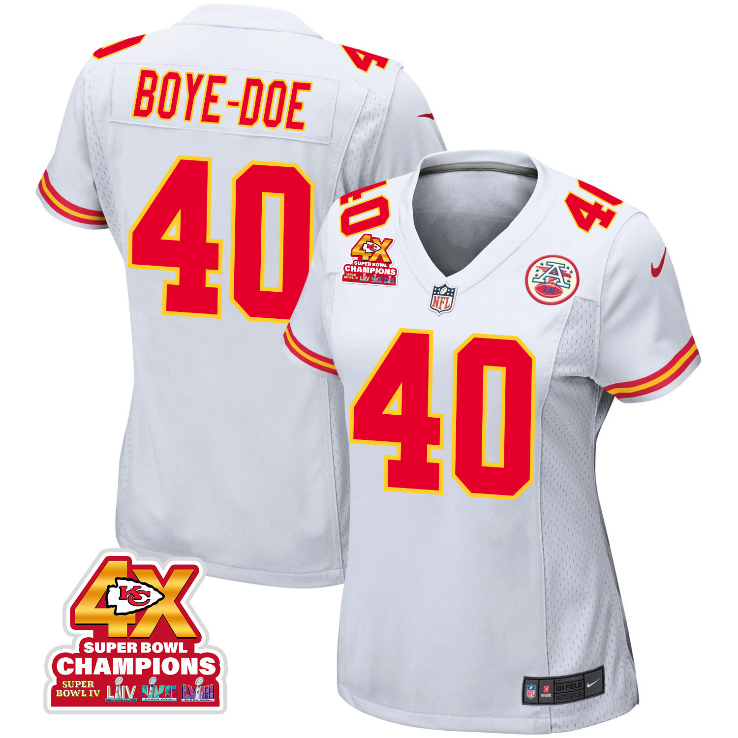 Ekow Boye-Doe #40 Kansas City Chiefs Super Bowl LVIII Champions 4X Game Jersey - Women's | White