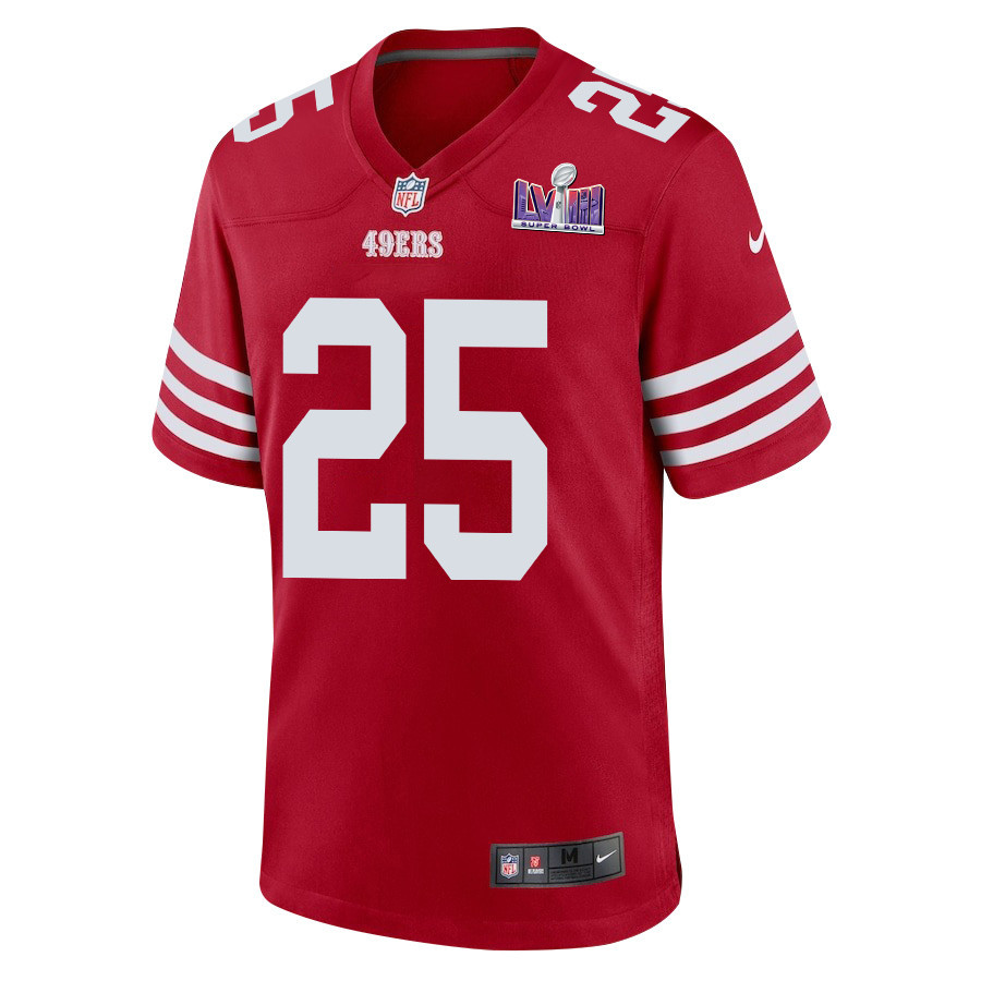 Alternative view of Elijah Mitchell #25 San Francisco 49ers Super Bowl LVIII Patch Game Jersey - Men's | Scarlet