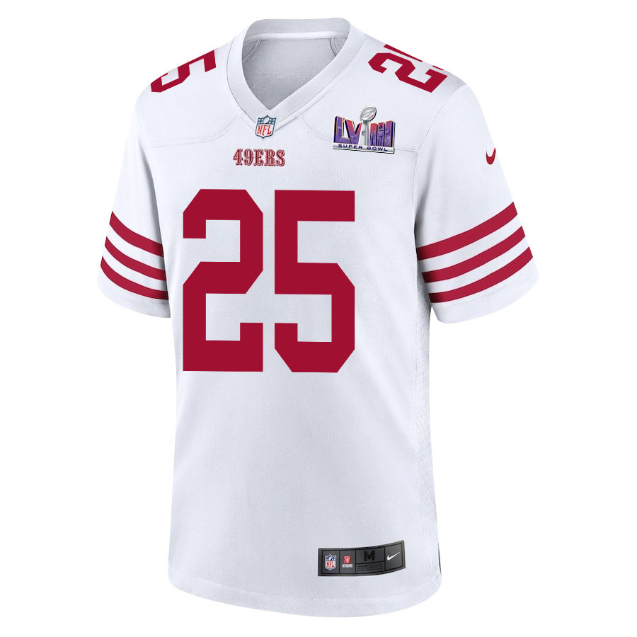 Alternative view of Elijah Mitchell #25 San Francisco 49ers Super Bowl LVIII Patch Game Jersey - Men's | White