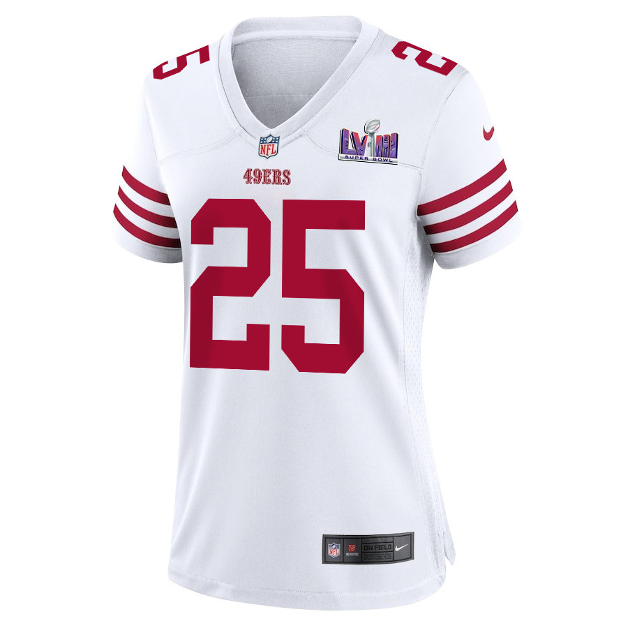 Alternative view of Elijah Mitchell #25 San Francisco 49ers Super Bowl LVIII Patch Game Jersey - Women's | White