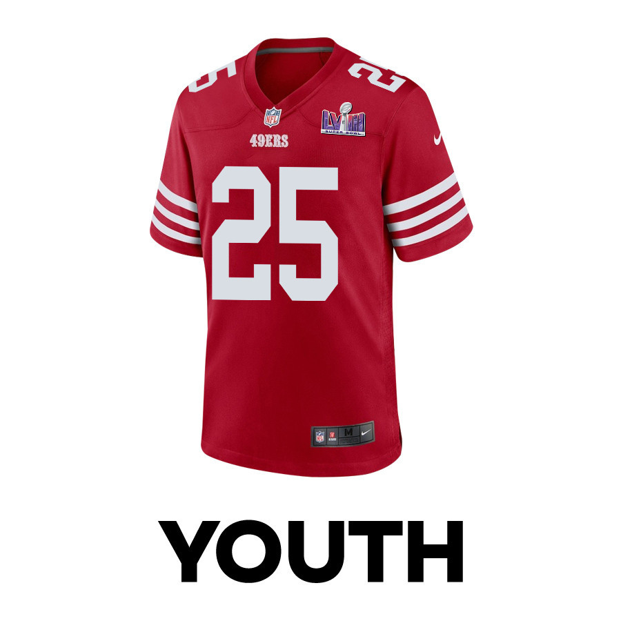 Alternative view of Elijah Mitchell #25 San Francisco 49ers Super Bowl LVIII Patch Game Jersey - Youth | Scarlet