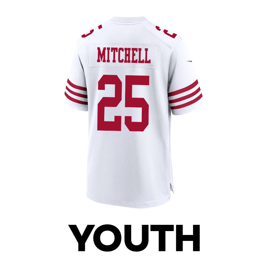 Elijah Mitchell #25 San Francisco 49ers Super Bowl LVIII Patch Game Jersey - Youth | White - Image 3