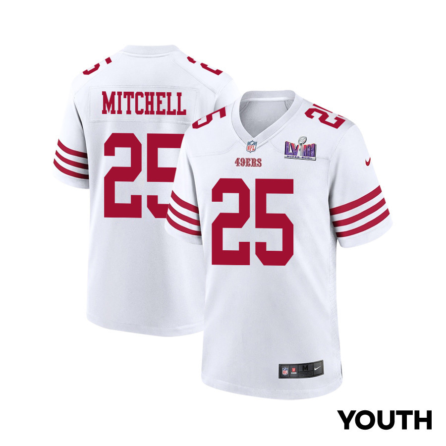 Elijah Mitchell #25 San Francisco 49ers Super Bowl LVIII Patch Game Jersey - Youth | White
