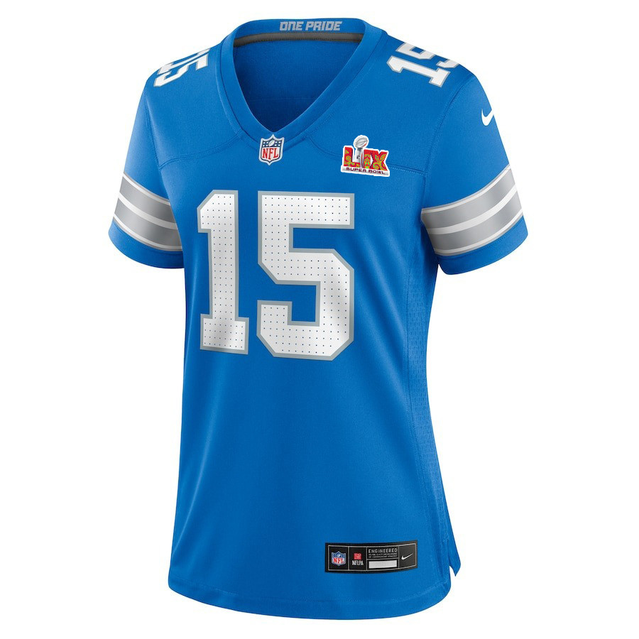 Alternative view of Ennis Rakestraw Jr. #15 Detroit Lions Super Bowl LIX Game Jersey - Women's | Blue