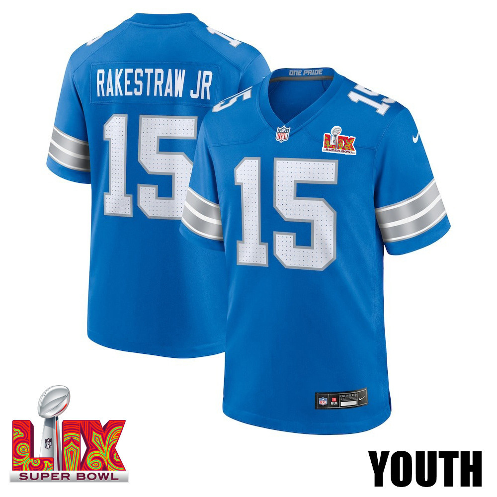 Ennis Rakestraw Jr. #15 Detroit Lions Super Bowl LIX Game Jersey - Youth | Blue