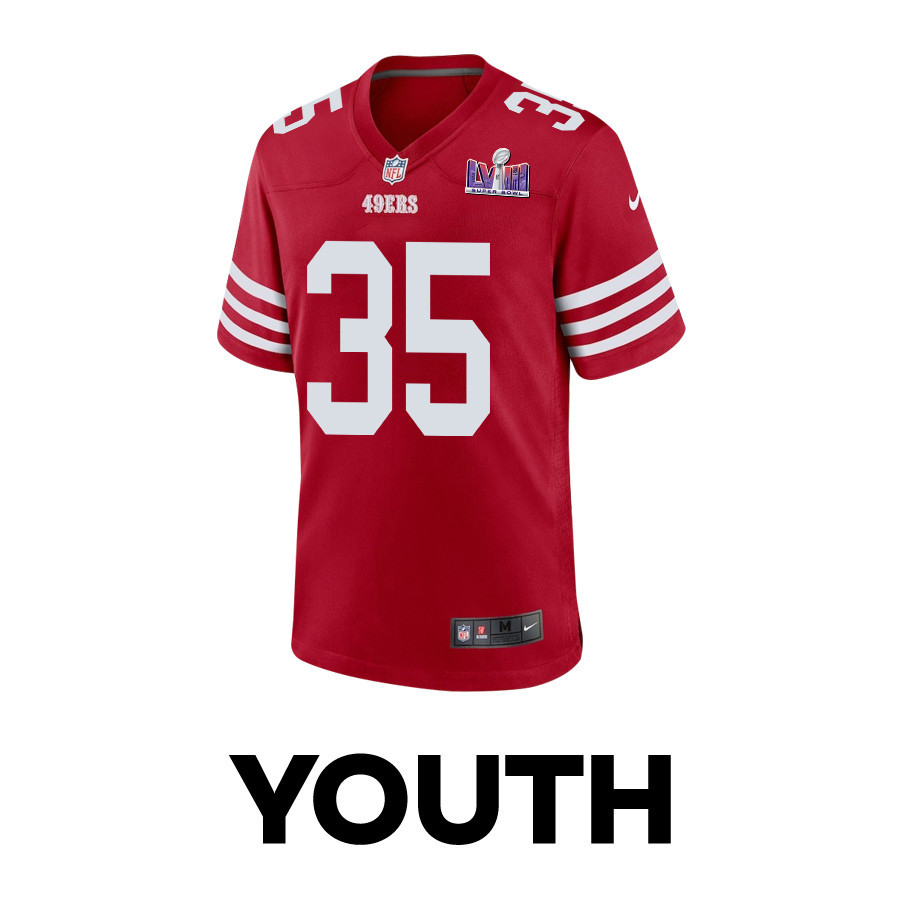 Alternative view of Erik Harris #35 San Francisco 49ers Super Bowl LVIII Patch Game Jersey - Youth | Scarlet