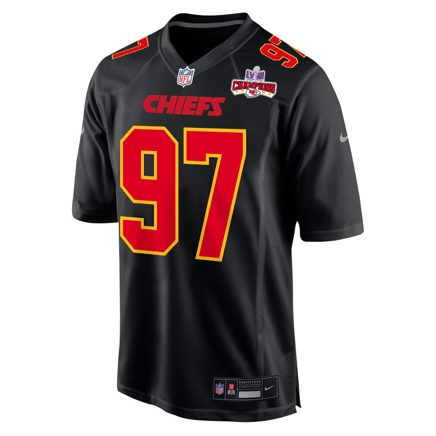 Alternative view of Felix Anudike-Uzomah #97 Kansas City Chiefs Super Bowl LVIII Champions 4 Stars Patch Game Jersey - Men's | Carbon Black
