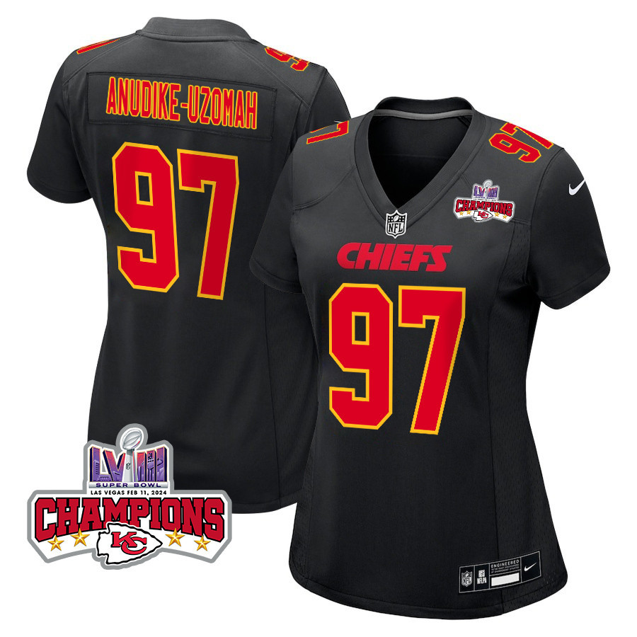 Felix Anudike-Uzomah #97 Kansas City Chiefs Super Bowl LVIII Champions 4 Stars Patch Game Jersey - Women's | Carbon Black
