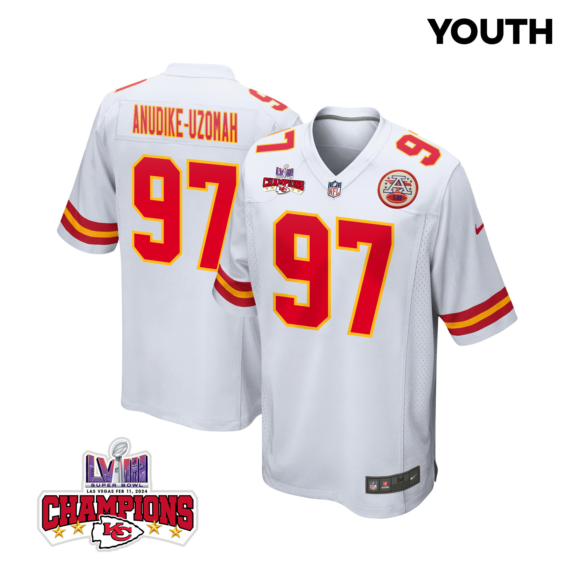Felix Anudike-Uzomah #97 Kansas City Chiefs Super Bowl LVIII Champions 4 Stars Patch Game Jersey - Youth | White