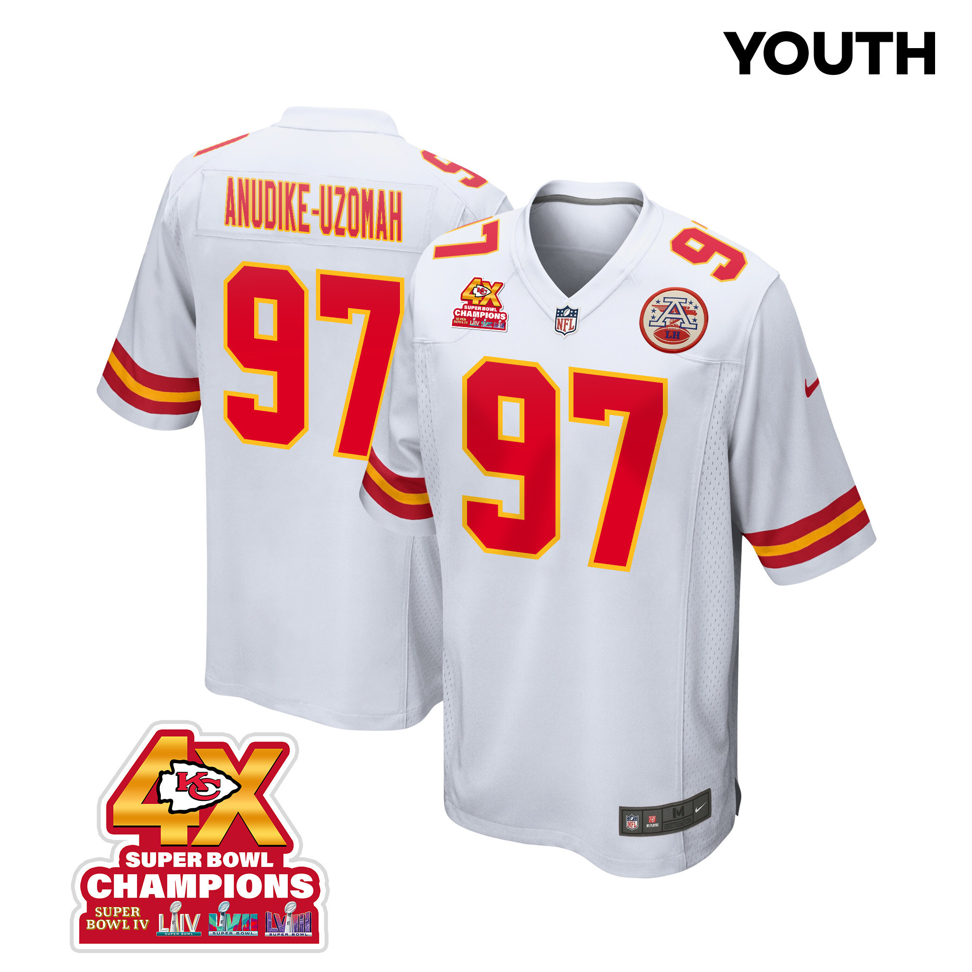 Felix Anudike-Uzomah #97 Kansas City Chiefs Super Bowl LVIII Champions 4X Game Jersey - Youth | White