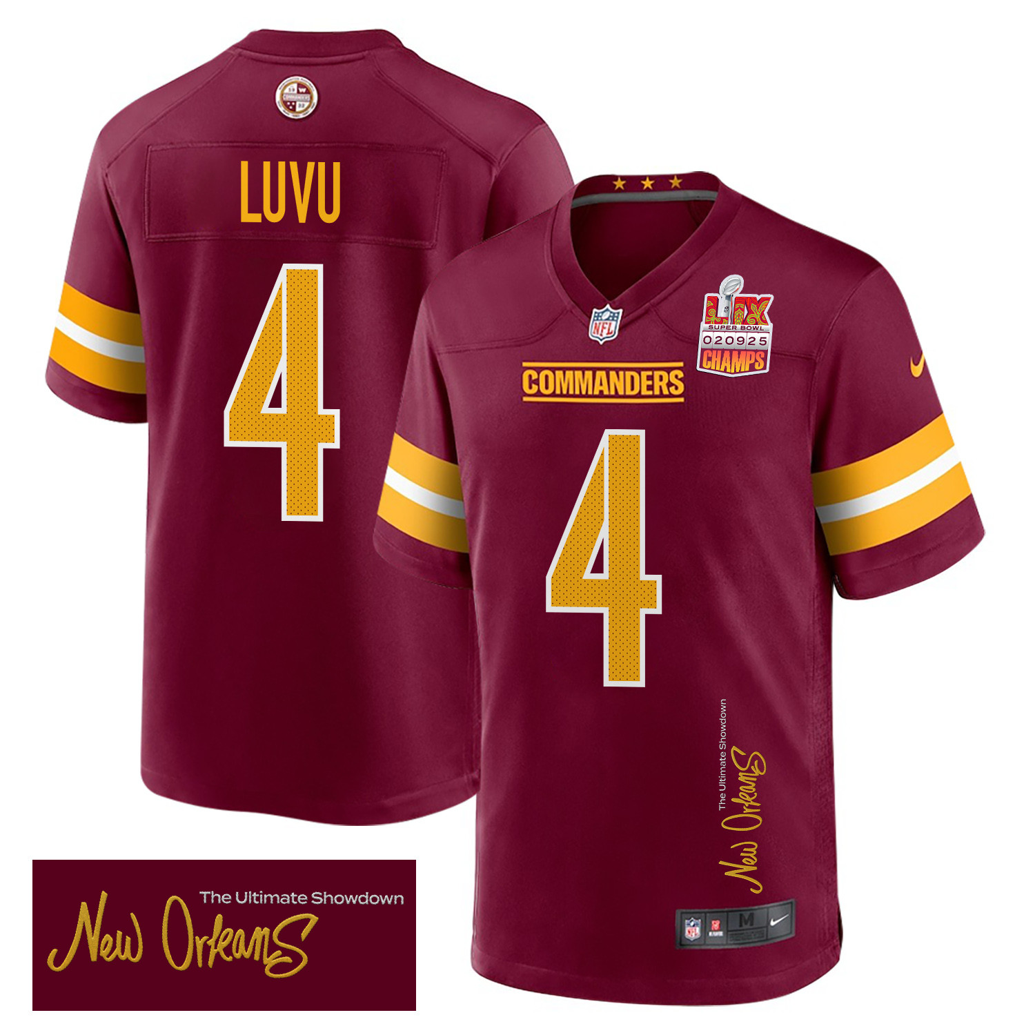 Frankie Luvu #4 Washington Commanders Super Bowl LIX Champions Patch Game Jersey - Men's | Burgundy