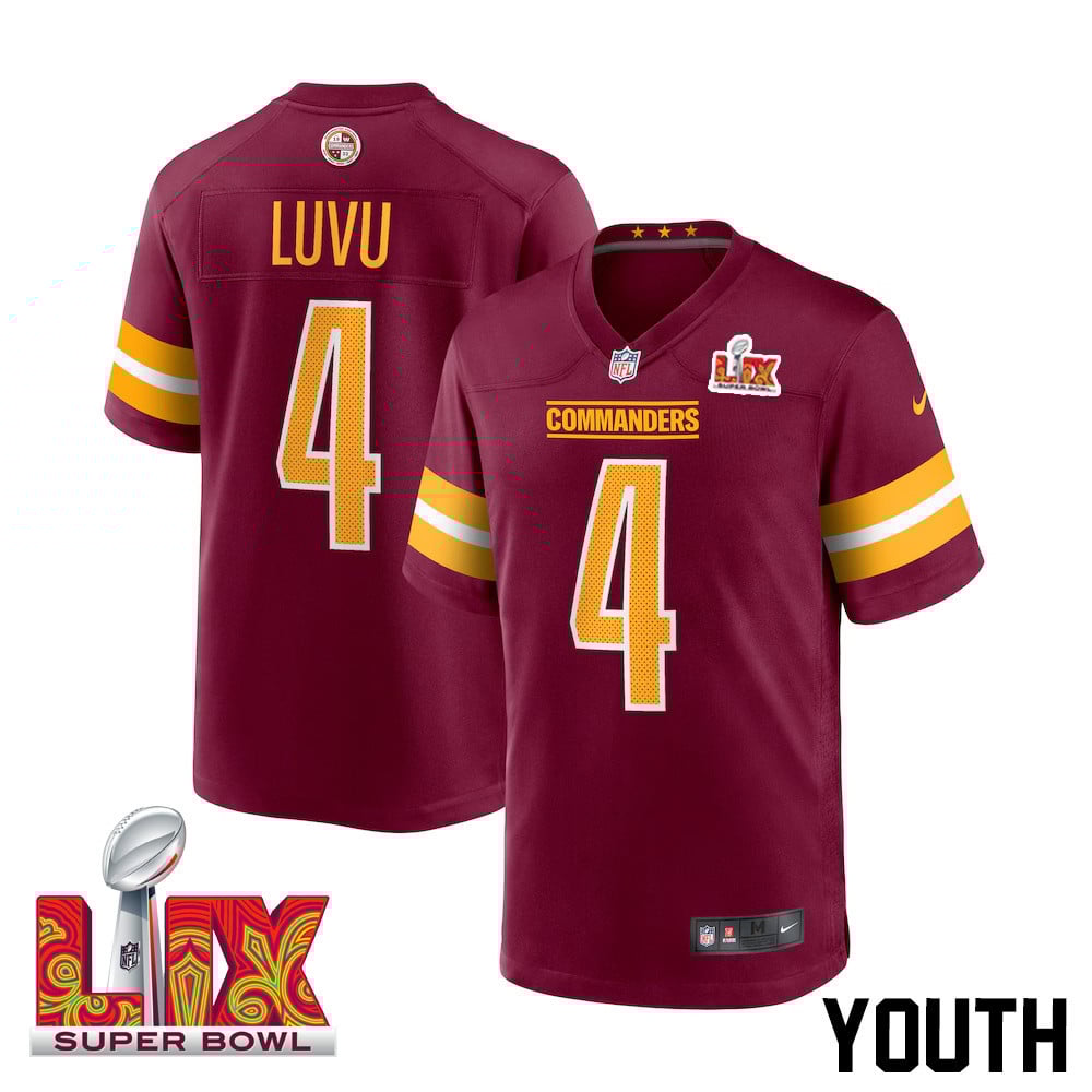 Frankie Luvu #4 Washington Commanders Super Bowl LIX Game Jersey - Youth | Burgundy