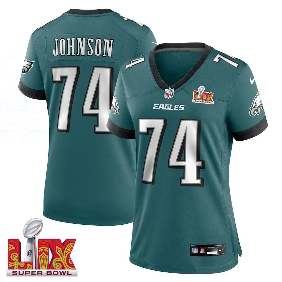 Fred Johnson #74 Philadelphia Eagles Super Bowl LIX Game Jersey - Women's | Midnight Green