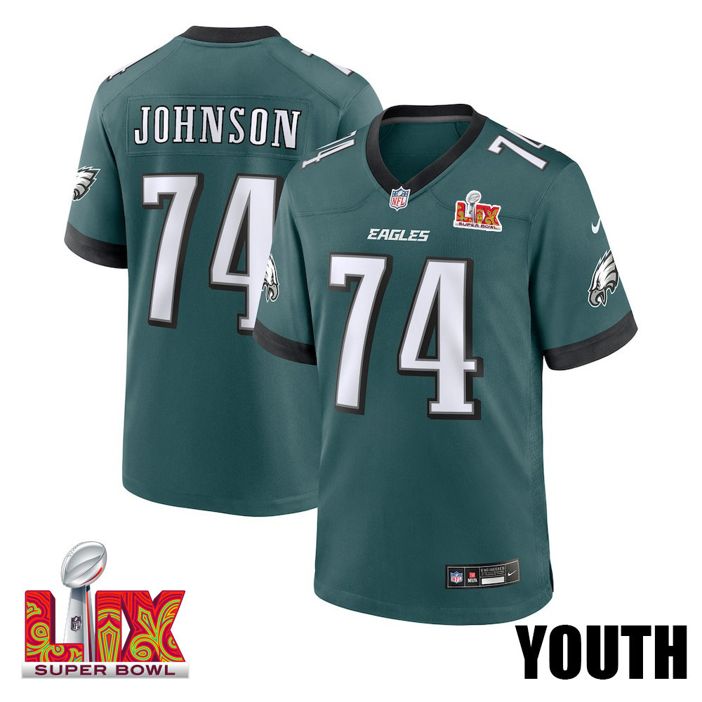 Fred Johnson #74 Philadelphia Eagles Super Bowl LIX Game Jersey - Youth | Midnight Green
