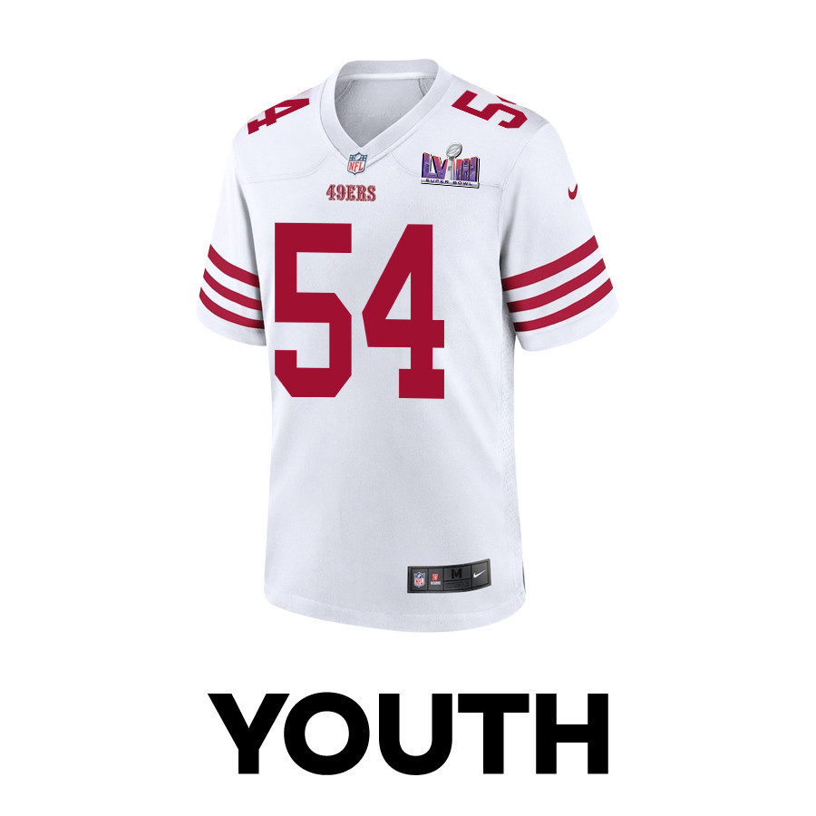 Alternative view of Fred Warner #54 San Francisco 49ers Super Bowl LVIII Patch Game Jersey - Youth | White